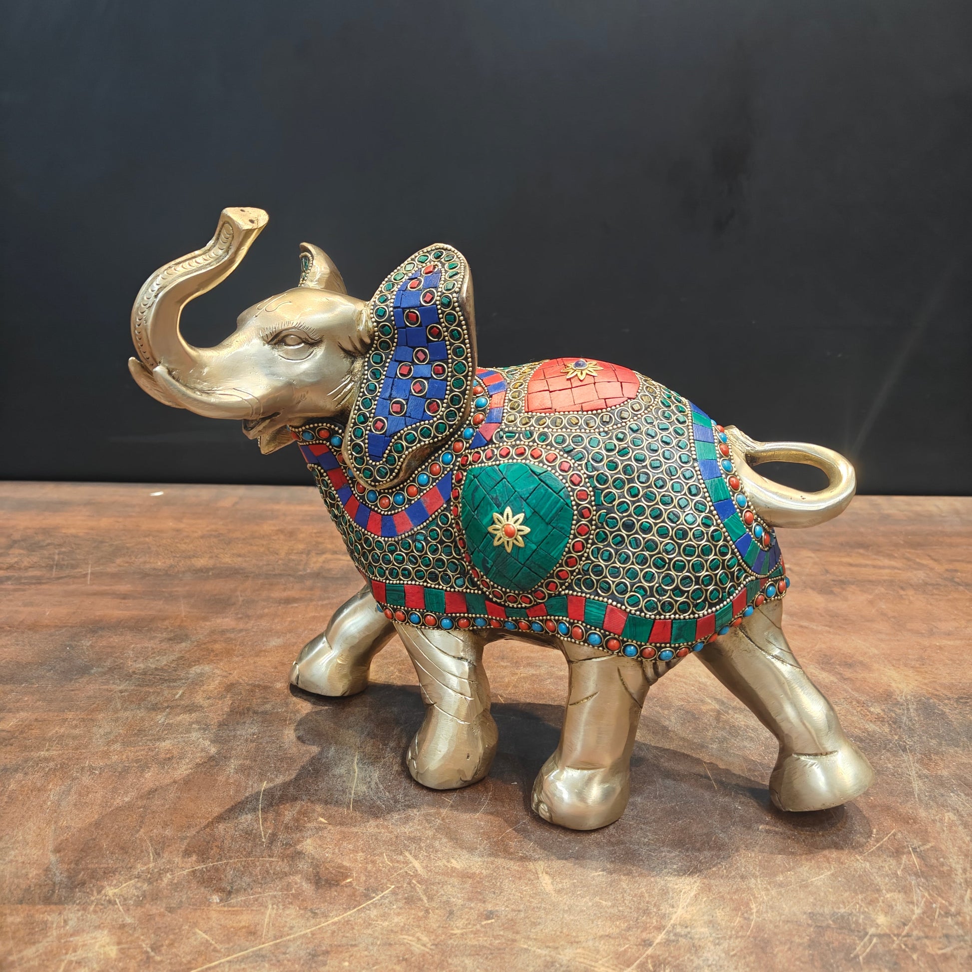 Brass Elephant Statue Stone Work With Upraised Trunk 11 Inch - Image 3