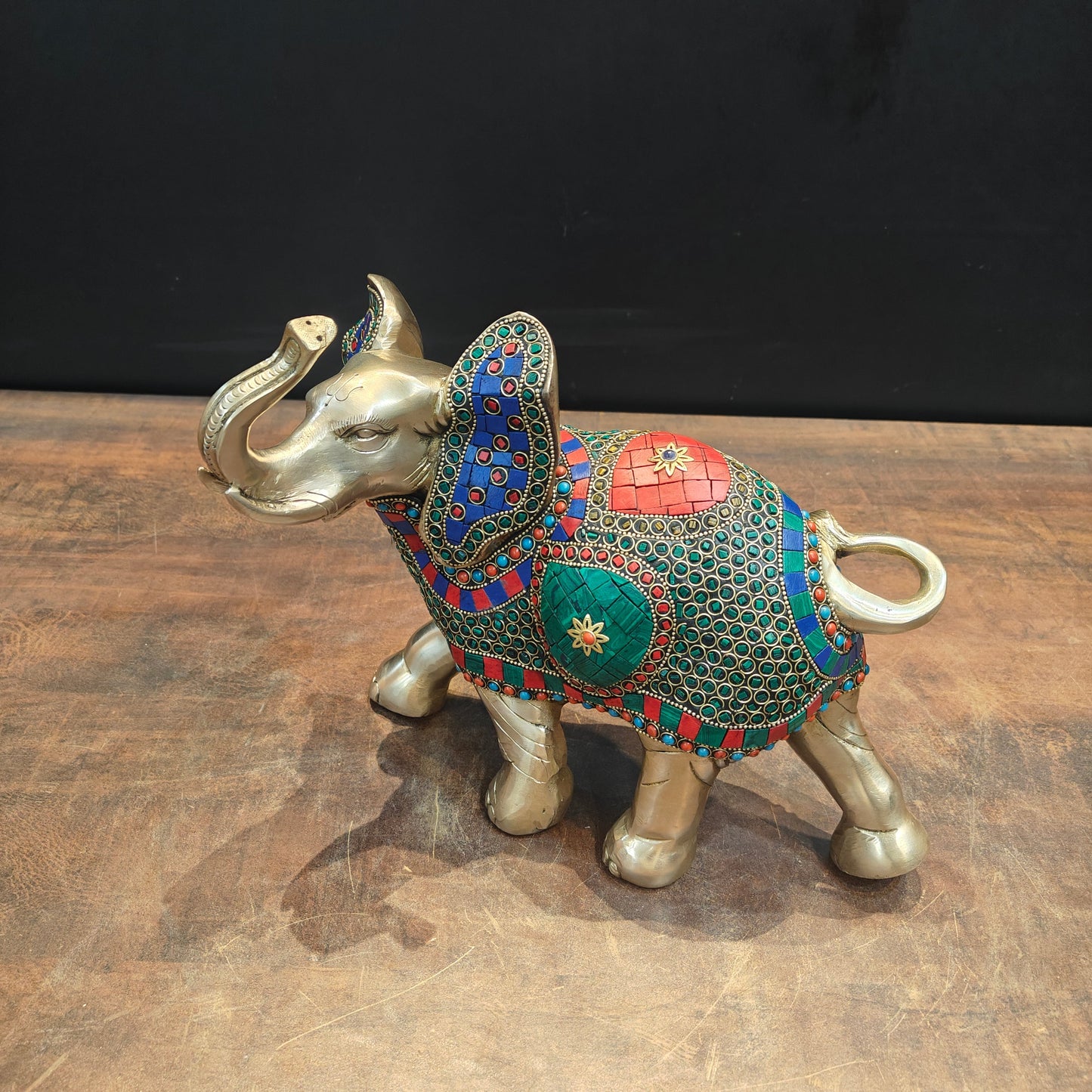 Brass Elephant Statue Stone Work With Upraised Trunk 11 Inch