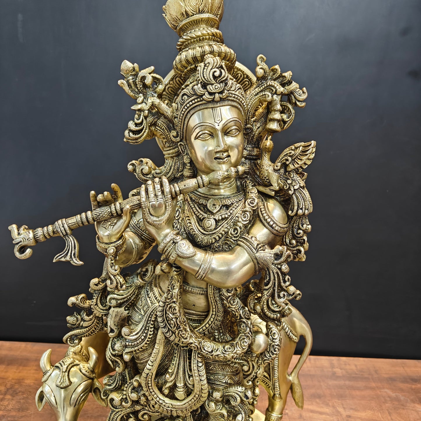 Brass Large Krishna Statue With Cow On Pedestal 28 Inch