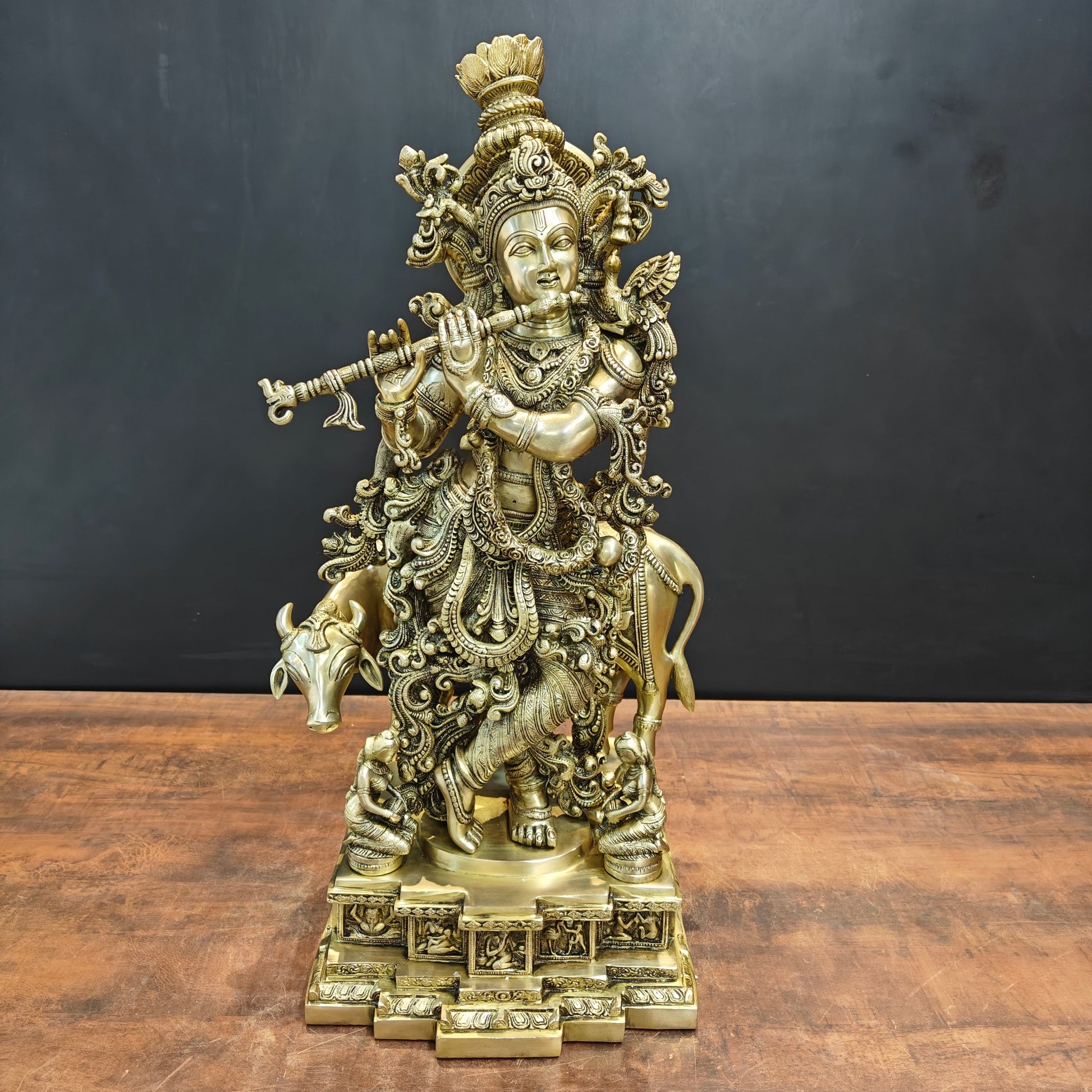 Brass Large Krishna Statue With Cow On Pedestal 28 Inch - Image 3