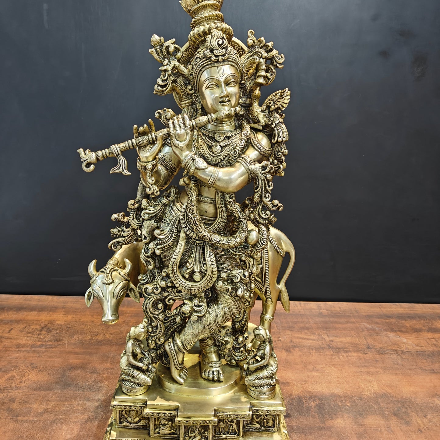 Brass Large Krishna Statue With Cow On Pedestal 28 Inch