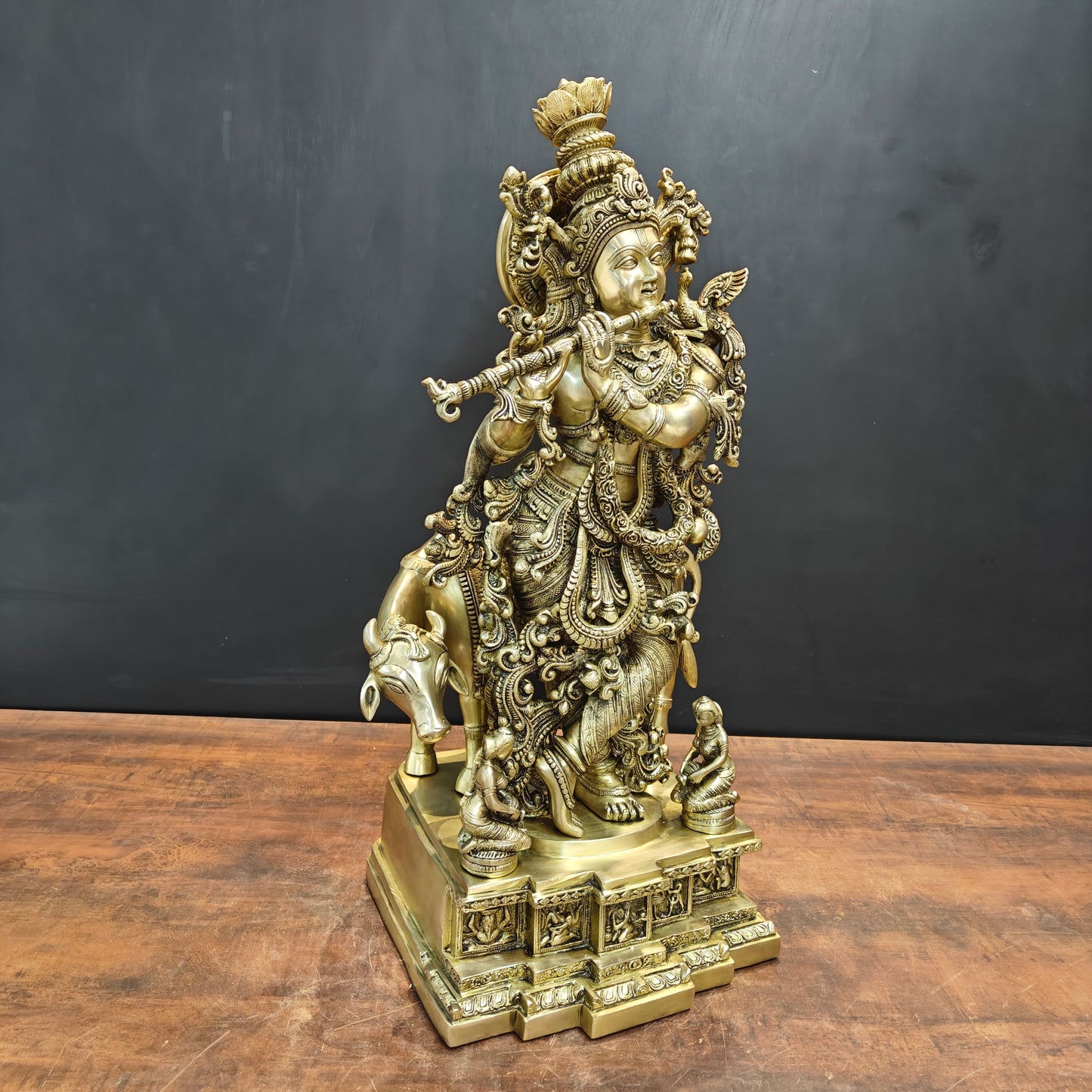 Brass Large Krishna Statue With Cow On Pedestal 28 Inch