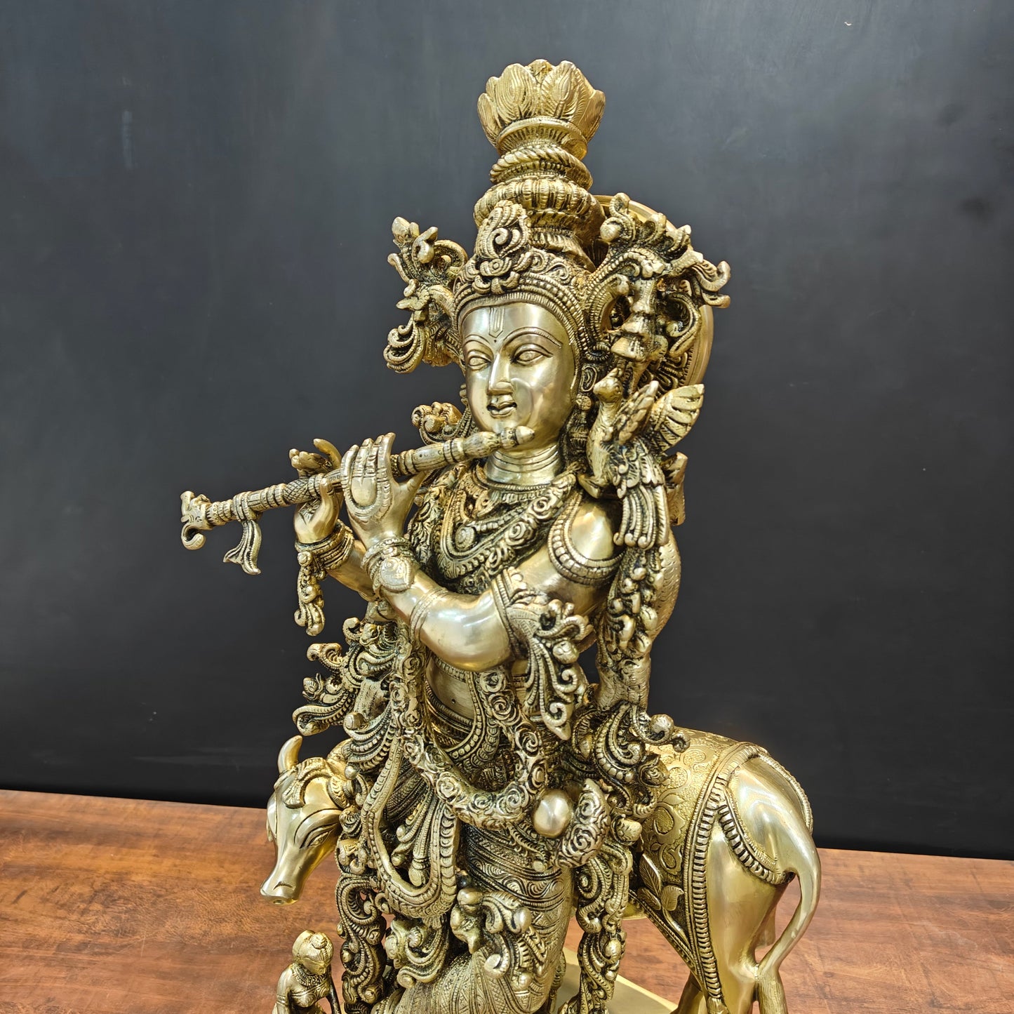 Brass Large Krishna Statue With Cow On Pedestal 28 Inch