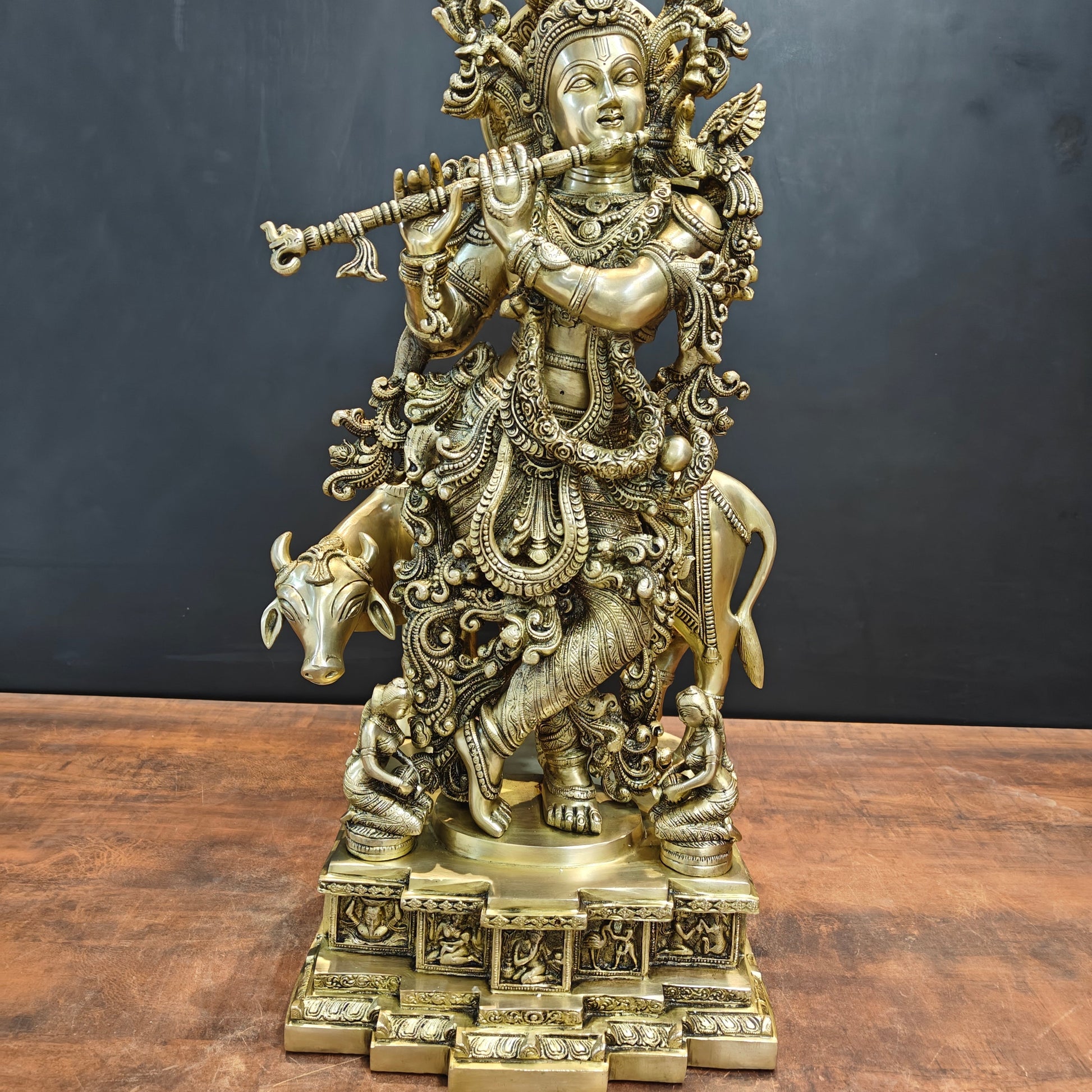 Brass Large Krishna Statue With Cow On Pedestal 28 Inch - Image 7