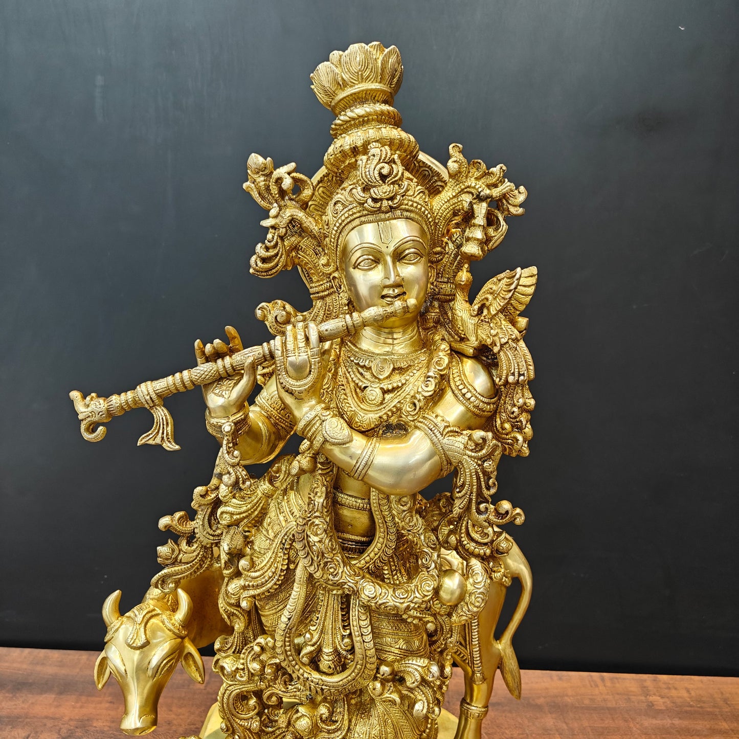 Brass Large Krishna Idol With Cow On Pedestal Gold Finish 28 Inch