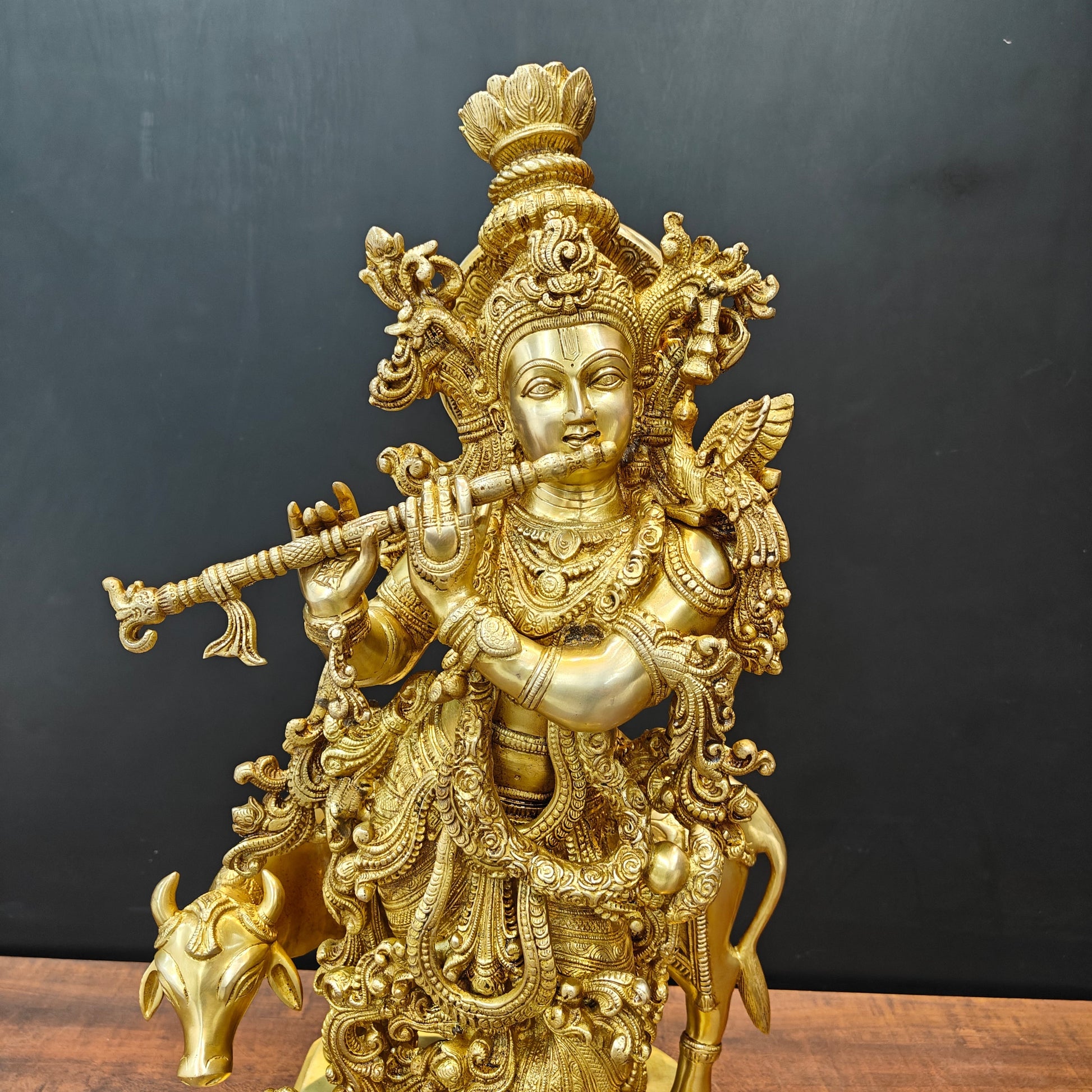 Brass Large Krishna Idol With Cow On Pedestal Gold Finish 28 Inch - Image 2