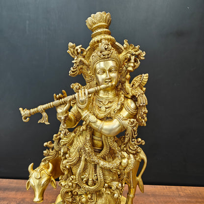 Brass Large Krishna Idol With Cow On Pedestal Gold Finish 28 Inch by vendor-unknown - Hindu Gods (View 2)