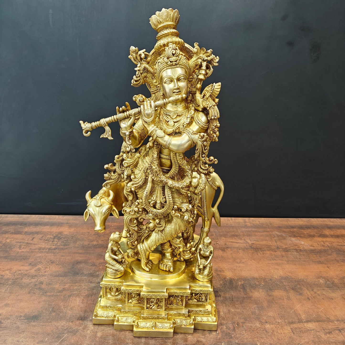 Brass Large Krishna Idol With Cow On Pedestal Gold Finish 28 Inch