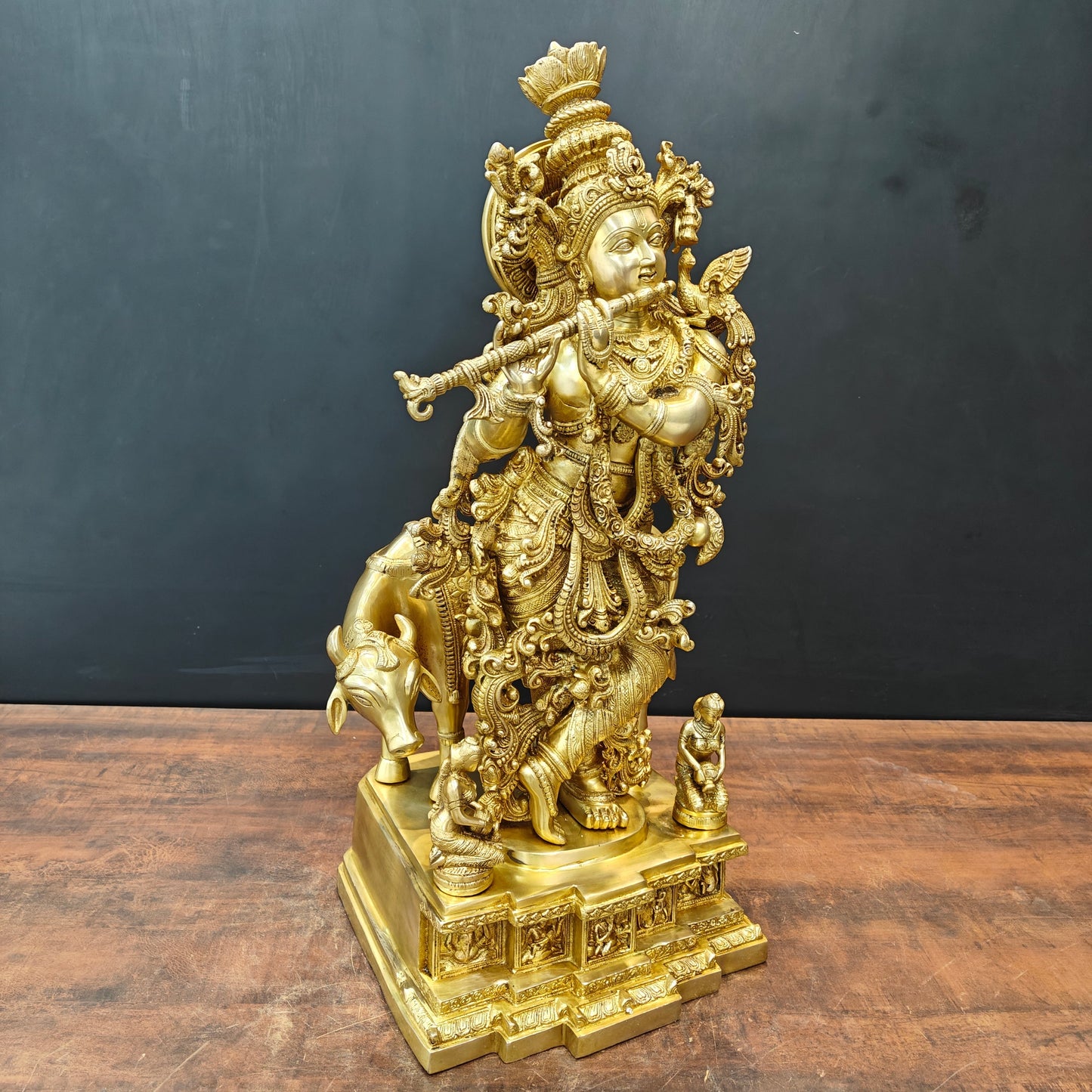 Brass Large Krishna Idol With Cow On Pedestal Gold Finish 28 Inch