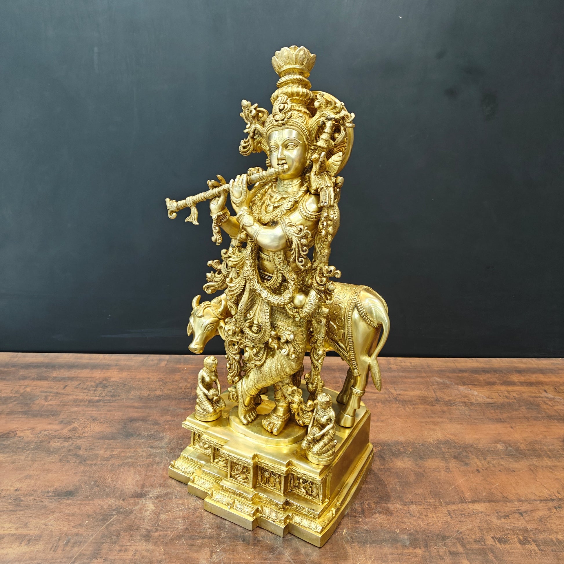 Brass Large Krishna Idol With Cow On Pedestal Gold Finish 28 Inch - Image 5