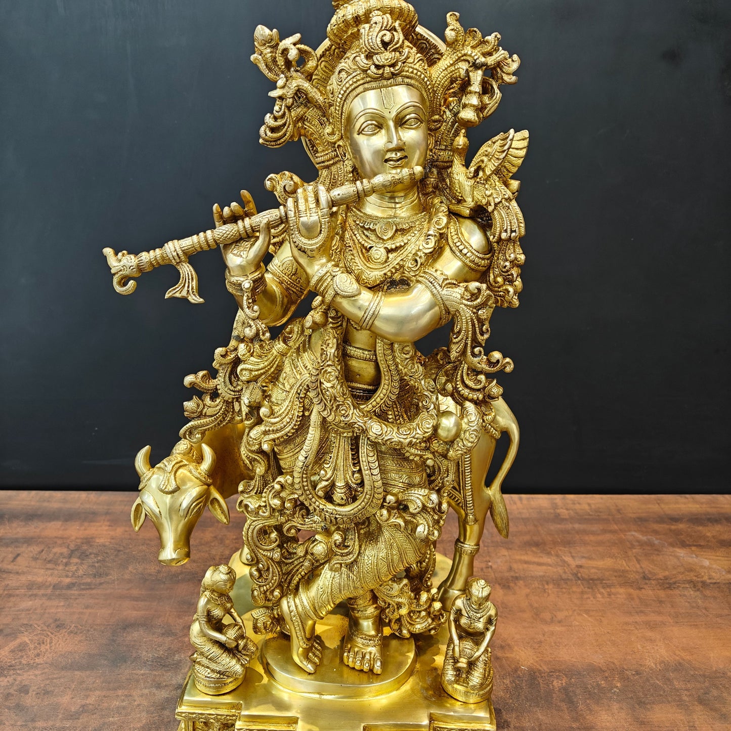 Brass Large Krishna Idol With Cow On Pedestal Gold Finish 28 Inch