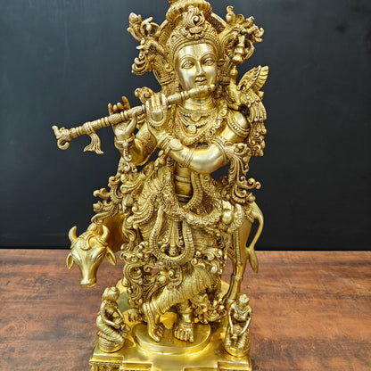 Brass Large Krishna Idol With Cow On Pedestal Gold Finish 28 Inch by vendor-unknown - Hindu Gods (View 6)