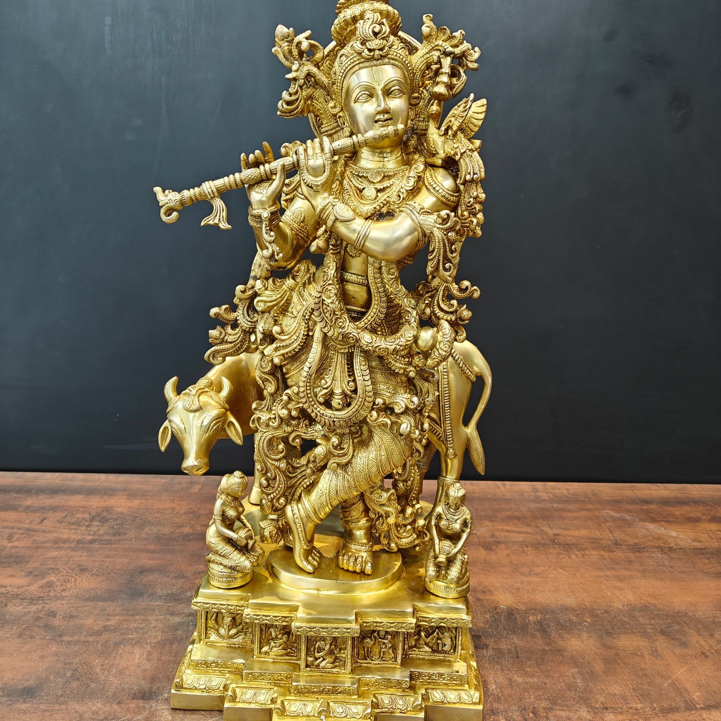 Brass Large Krishna Idol With Cow On Pedestal Gold Finish 28 Inch