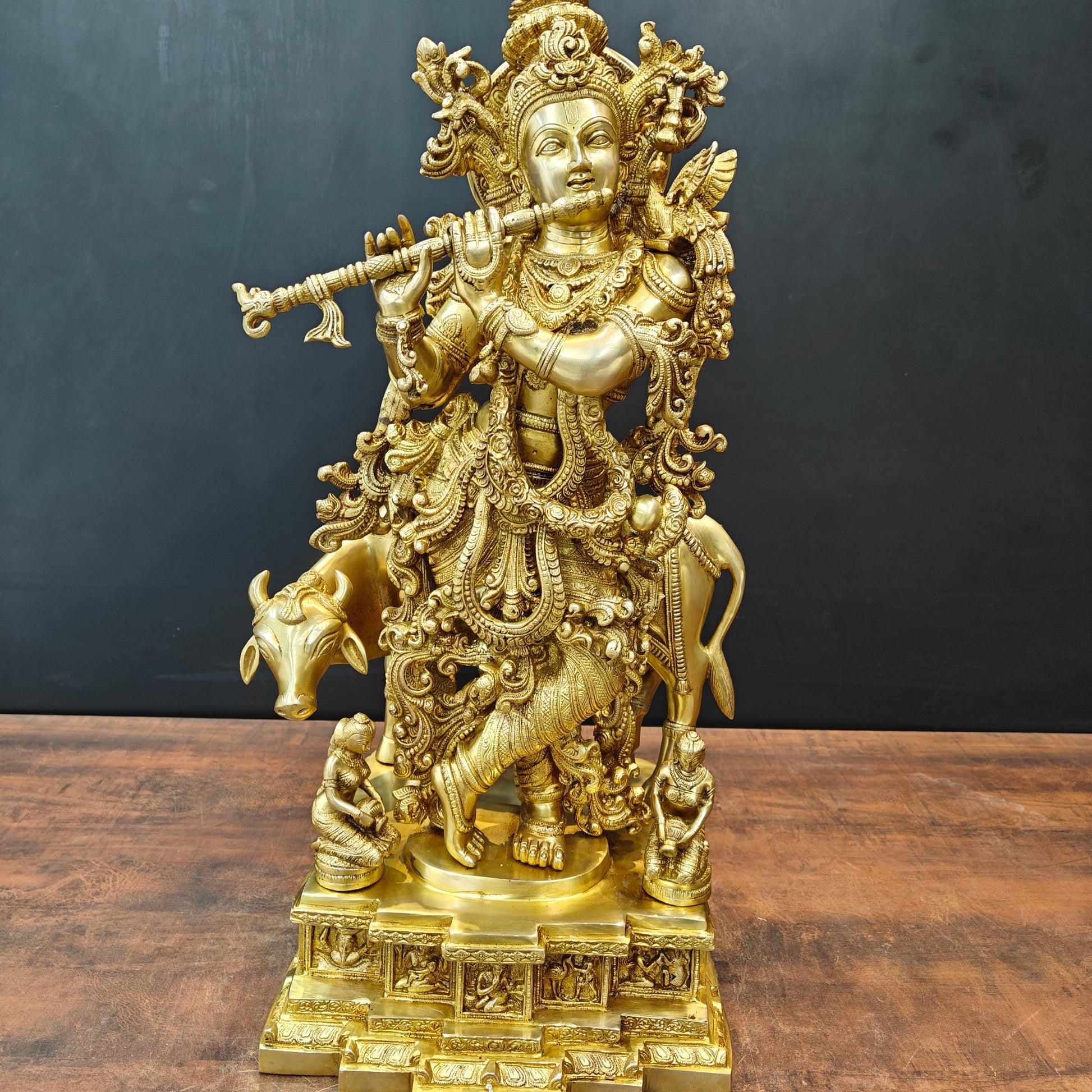 Brass Large Krishna Idol With Cow On Pedestal Gold Finish 28 Inch - Image 7