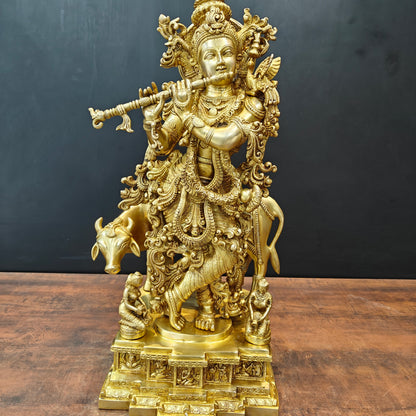 Brass Large Krishna Idol With Cow On Pedestal Gold Finish 28 Inch by vendor-unknown - Hindu Gods (View 7)