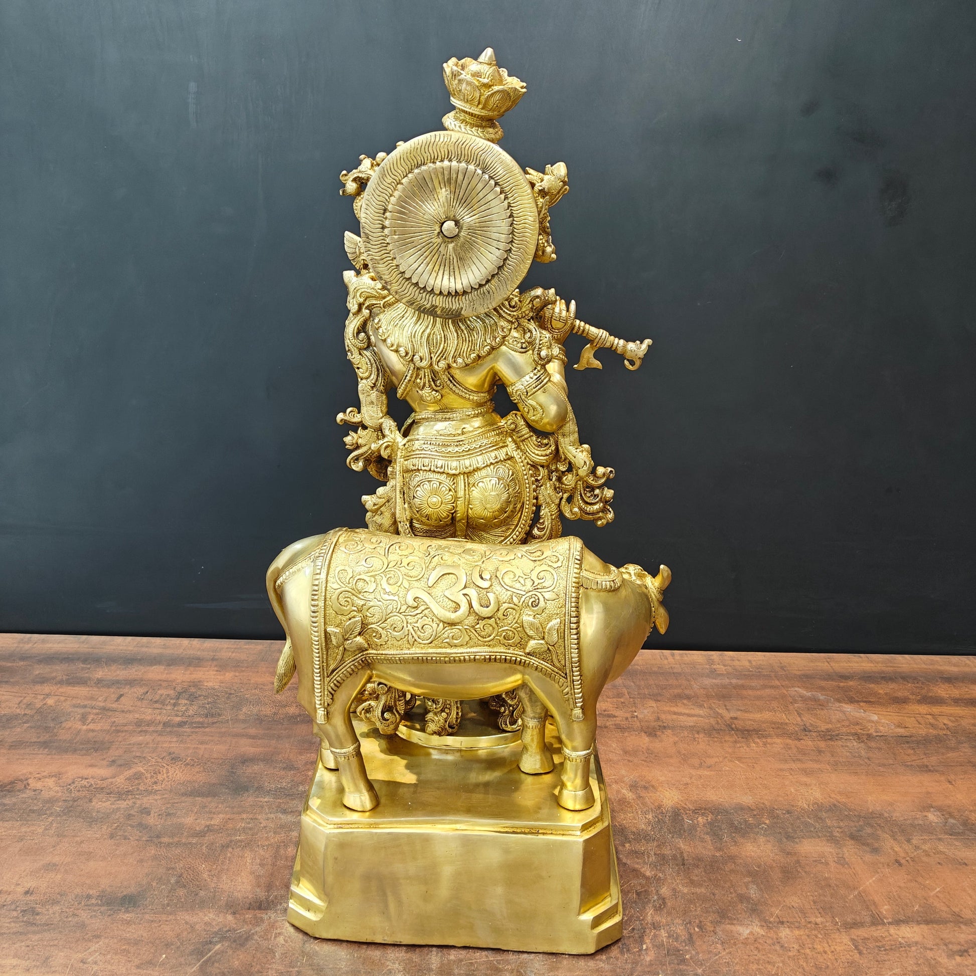 Brass Large Krishna Idol With Cow On Pedestal Gold Finish 28 Inch - Image 8