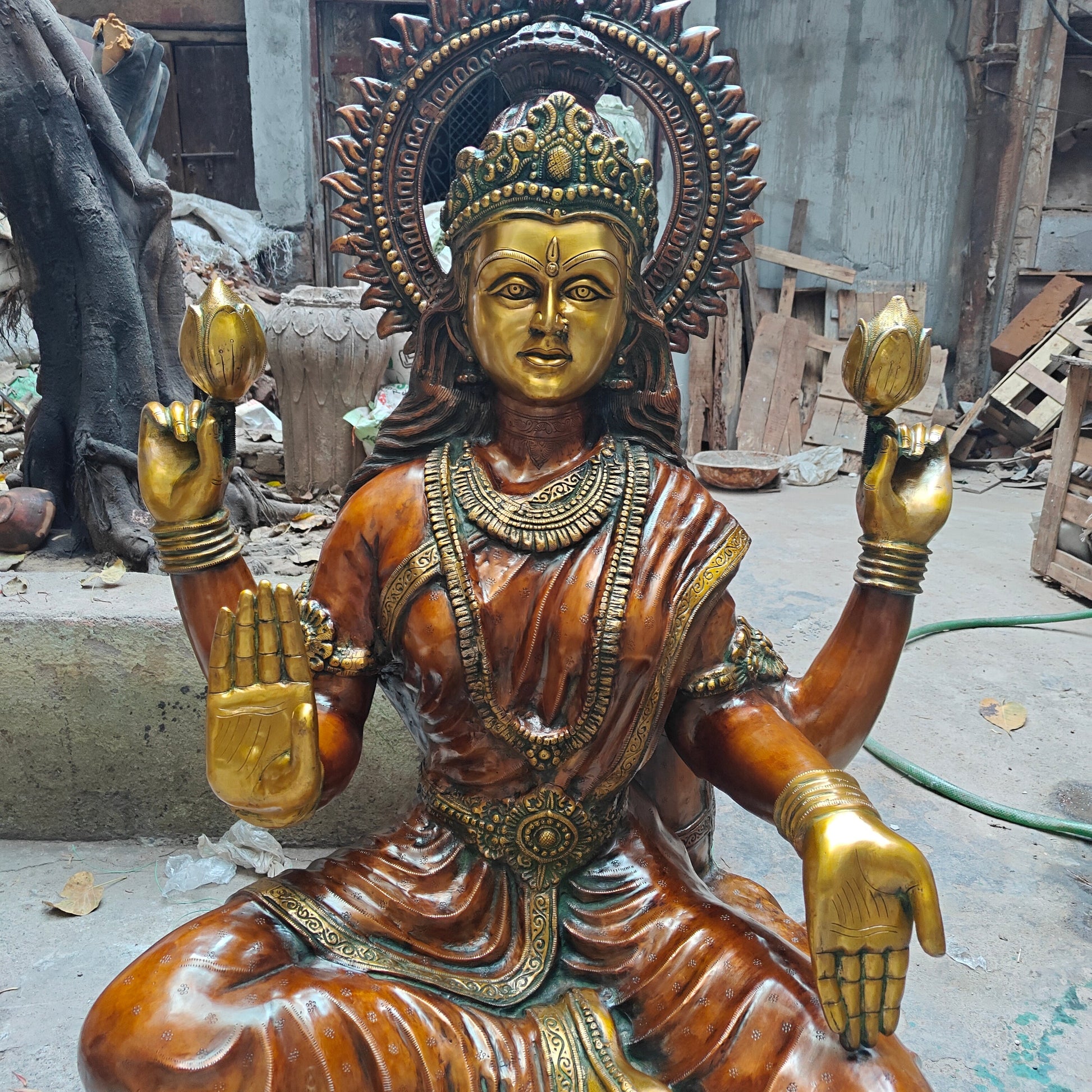 Brass Large Goddess Of Wealth Lakshmi Idol Orange Patina Finish 4.5 Feet - Image 2