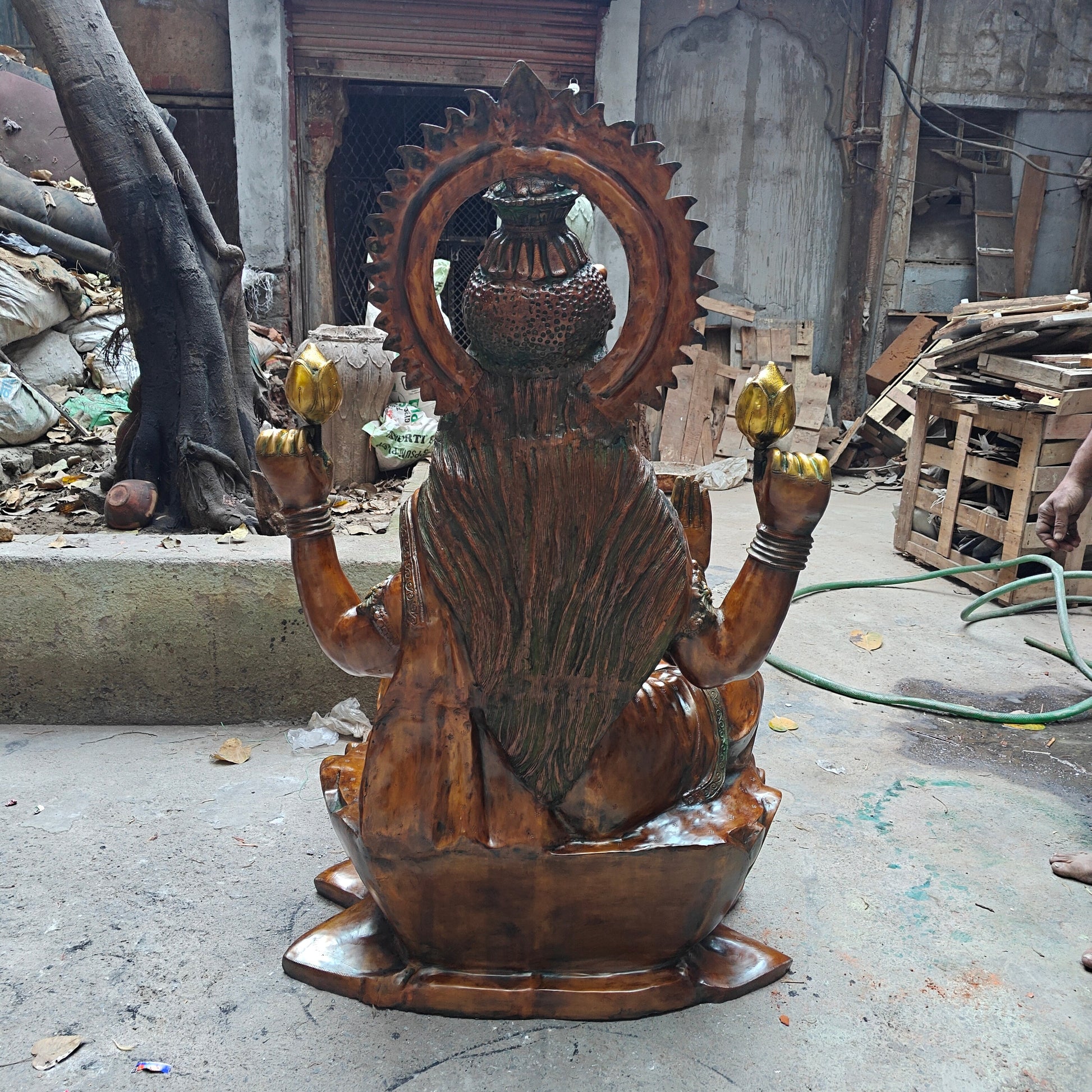 Brass Large Goddess Of Wealth Lakshmi Idol Orange Patina Finish 4.5 Feet - Image 11