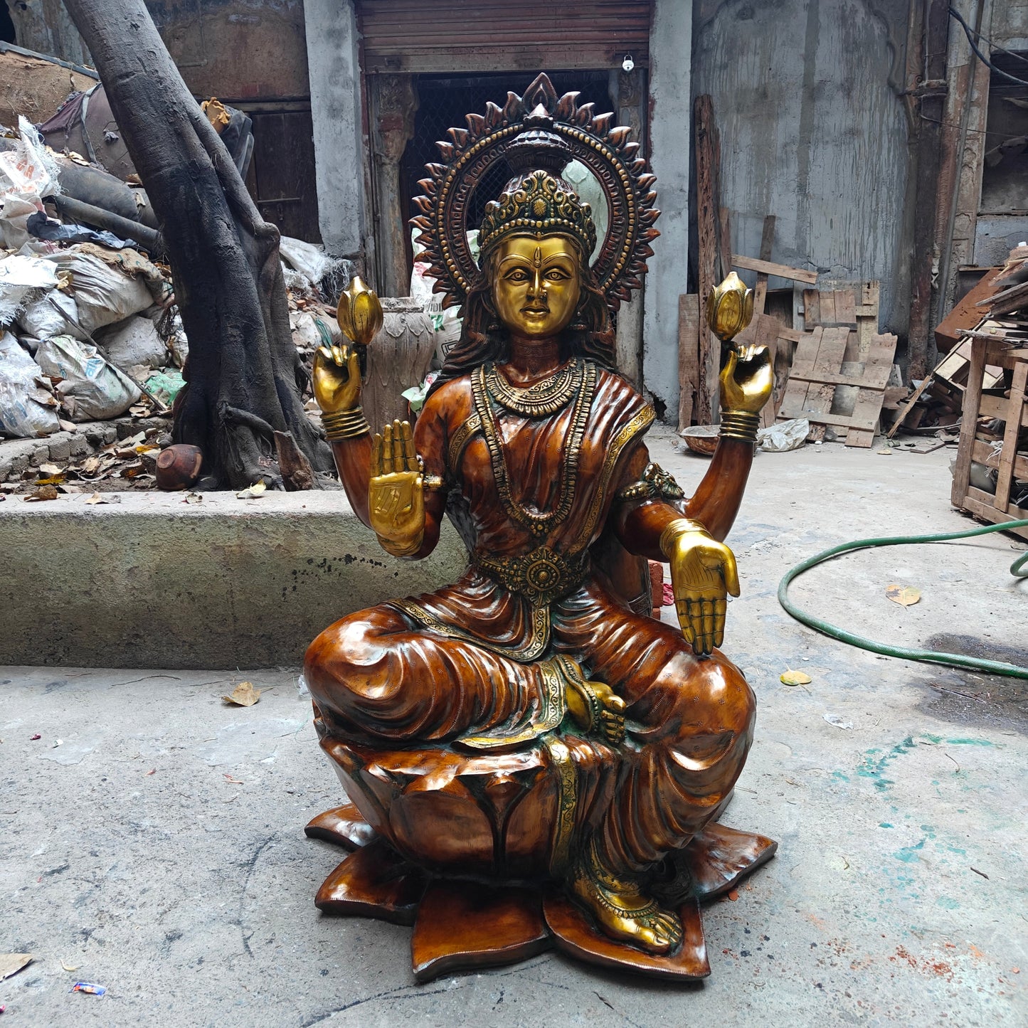 Brass Large Goddess Of Wealth Lakshmi Idol Orange Patina Finish 4.5 Feet