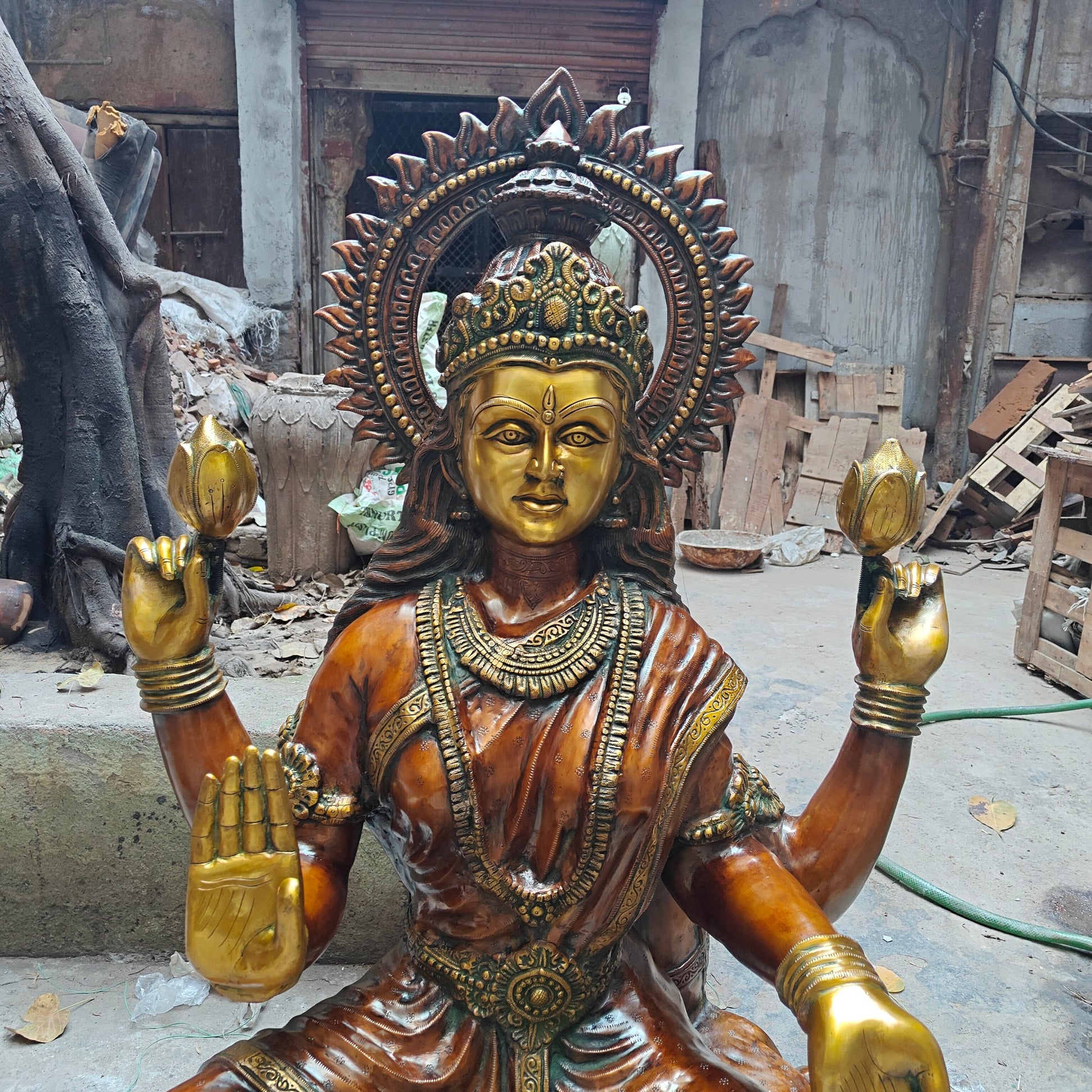 Brass Large Goddess Of Wealth Lakshmi Idol Orange Patina Finish 4.5 Feet - Image 4