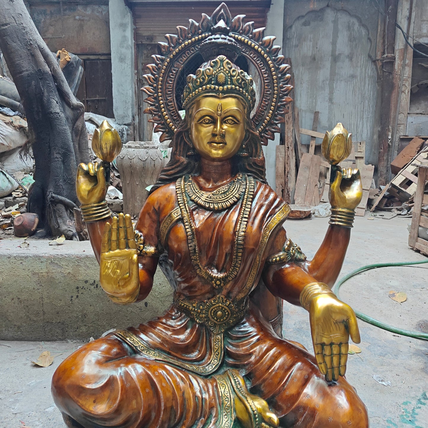Brass Large Goddess Of Wealth Lakshmi Idol Orange Patina Finish 4.5 Feet