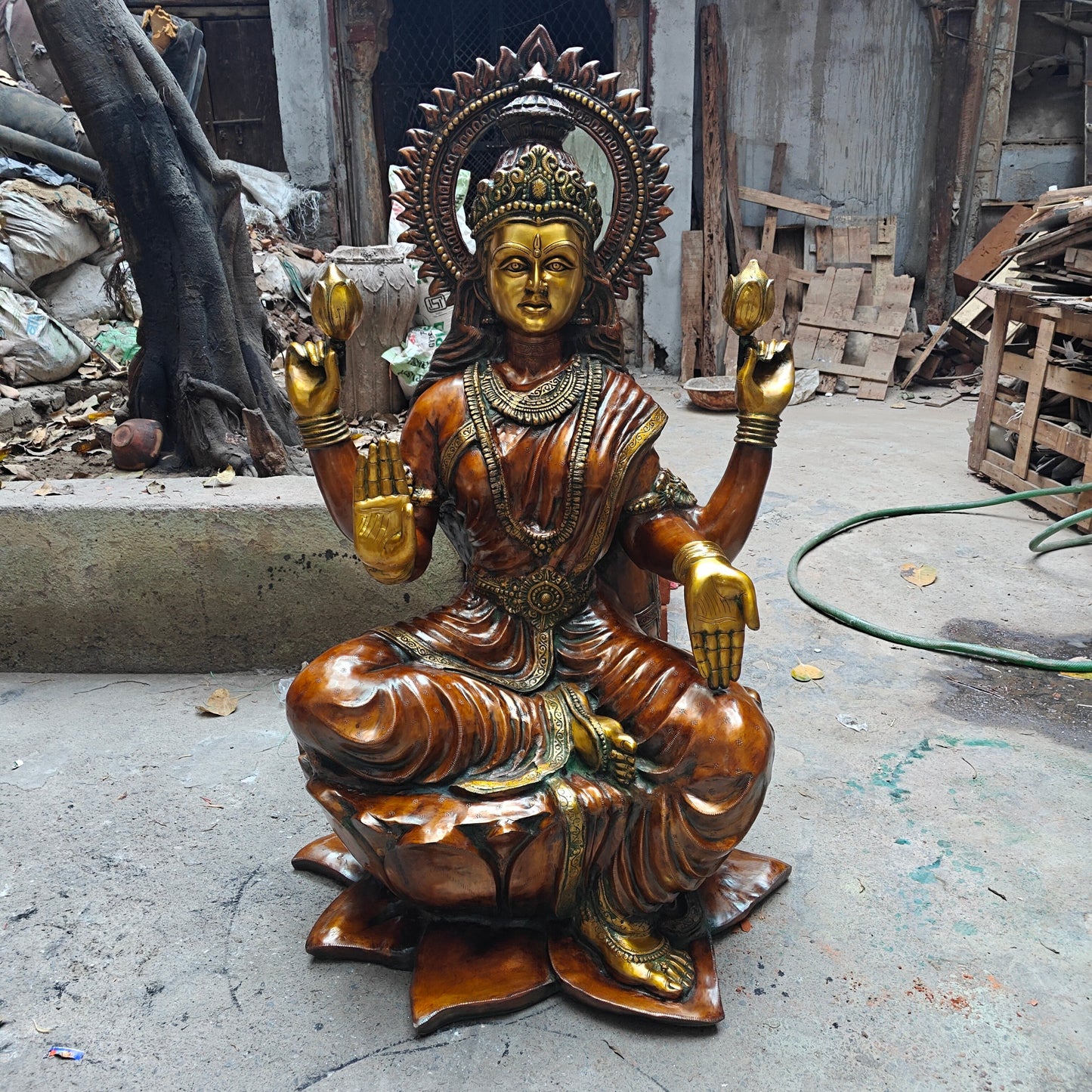 Brass Large Goddess Of Wealth Lakshmi Idol Orange Patina Finish 4.5 Feet