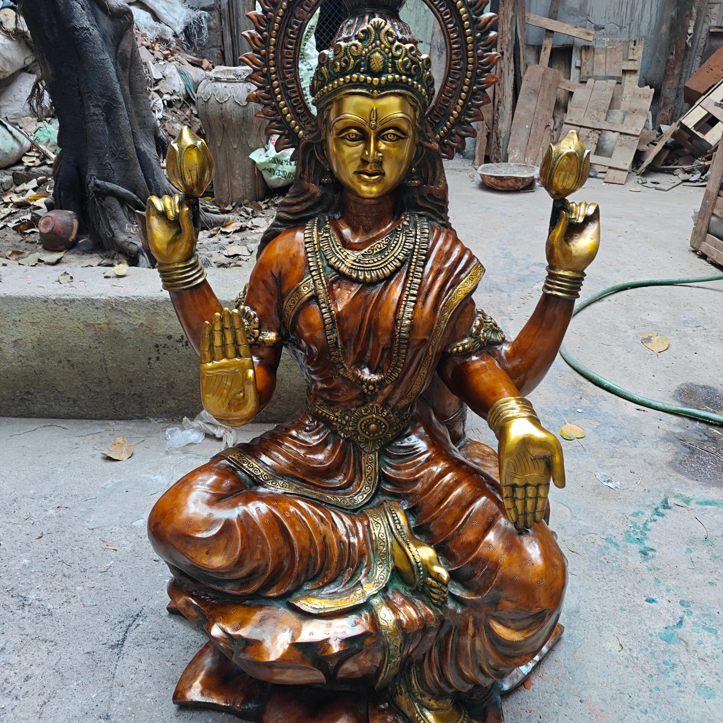Brass Large Goddess Of Wealth Lakshmi Idol Orange Patina Finish 4.5 Feet