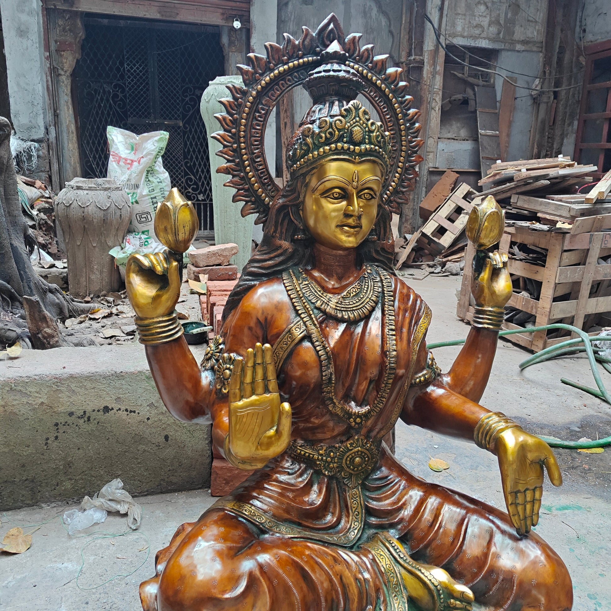 Brass Large Goddess Of Wealth Lakshmi Idol Orange Patina Finish 4.5 Feet - Image 9