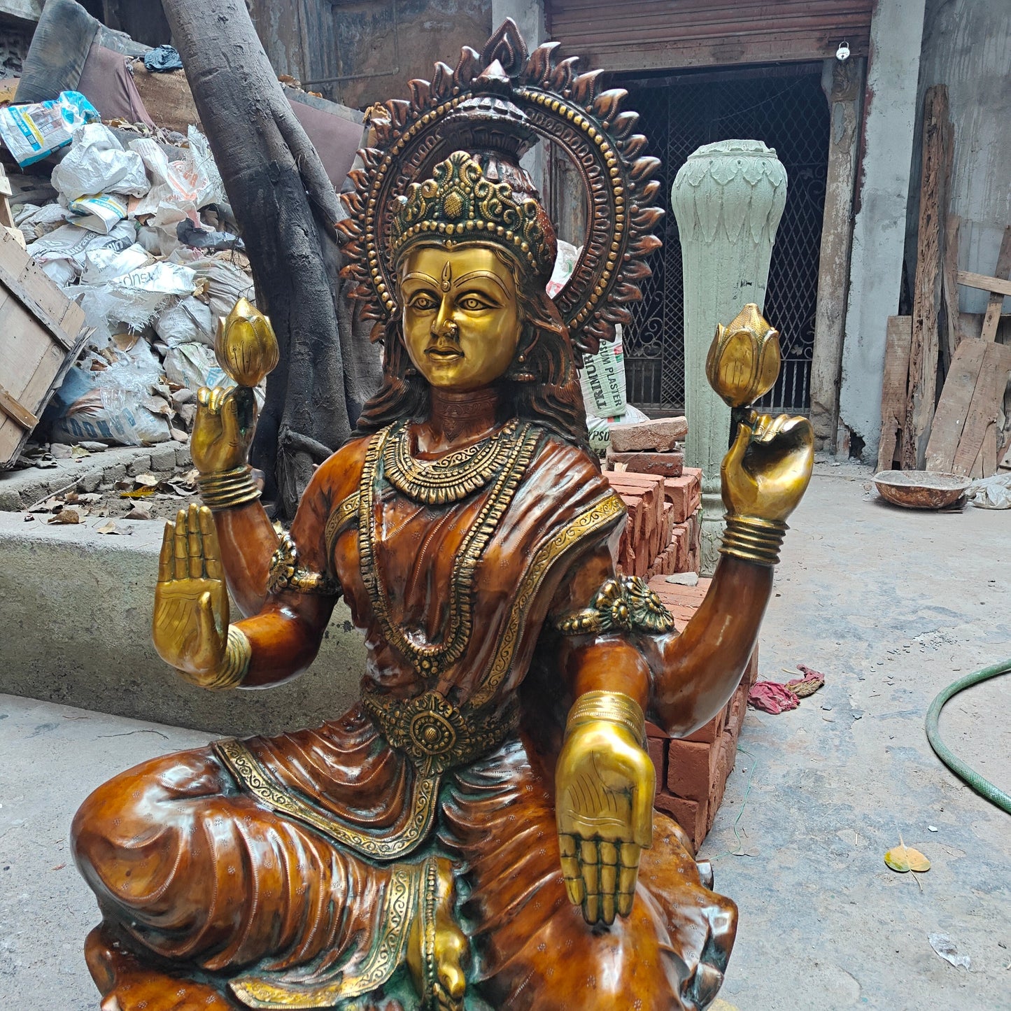 Brass Large Goddess Of Wealth Lakshmi Idol Orange Patina Finish 4.5 Feet