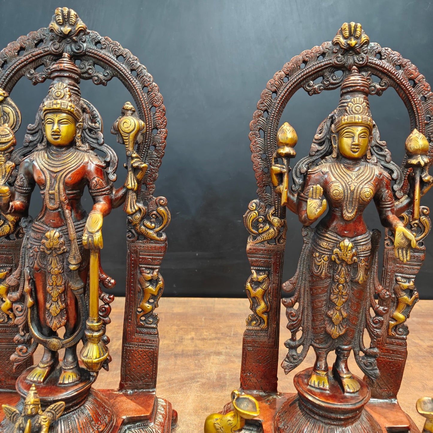 Brass Vishnu Lakshmi Idol With Prabhavali Orange Patina Finish 16 Inch