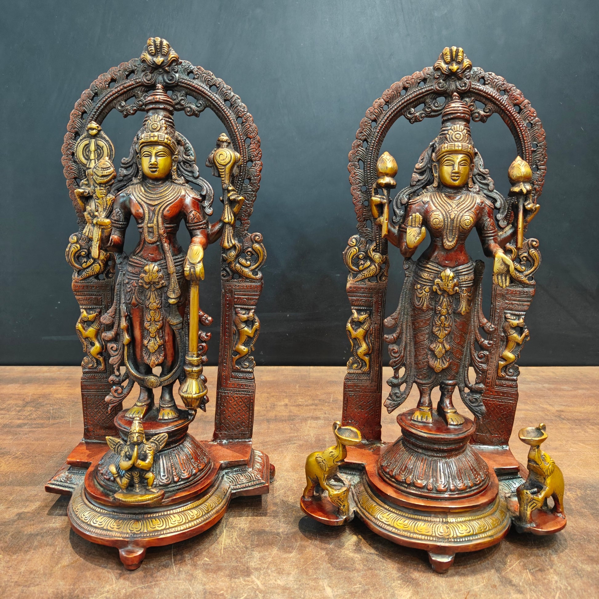Brass Vishnu Lakshmi Idol With Prabhavali Orange Patina Finish 16 Inch - Image 3