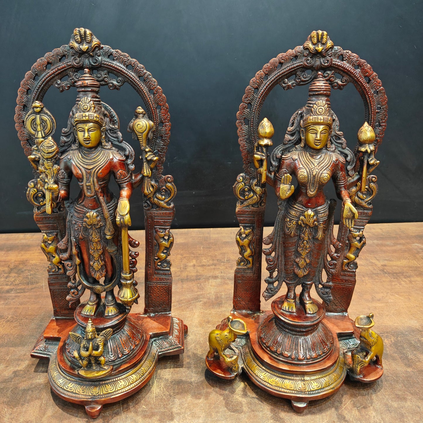 Brass Vishnu Lakshmi Idol With Prabhavali Orange Patina Finish 16 Inch
