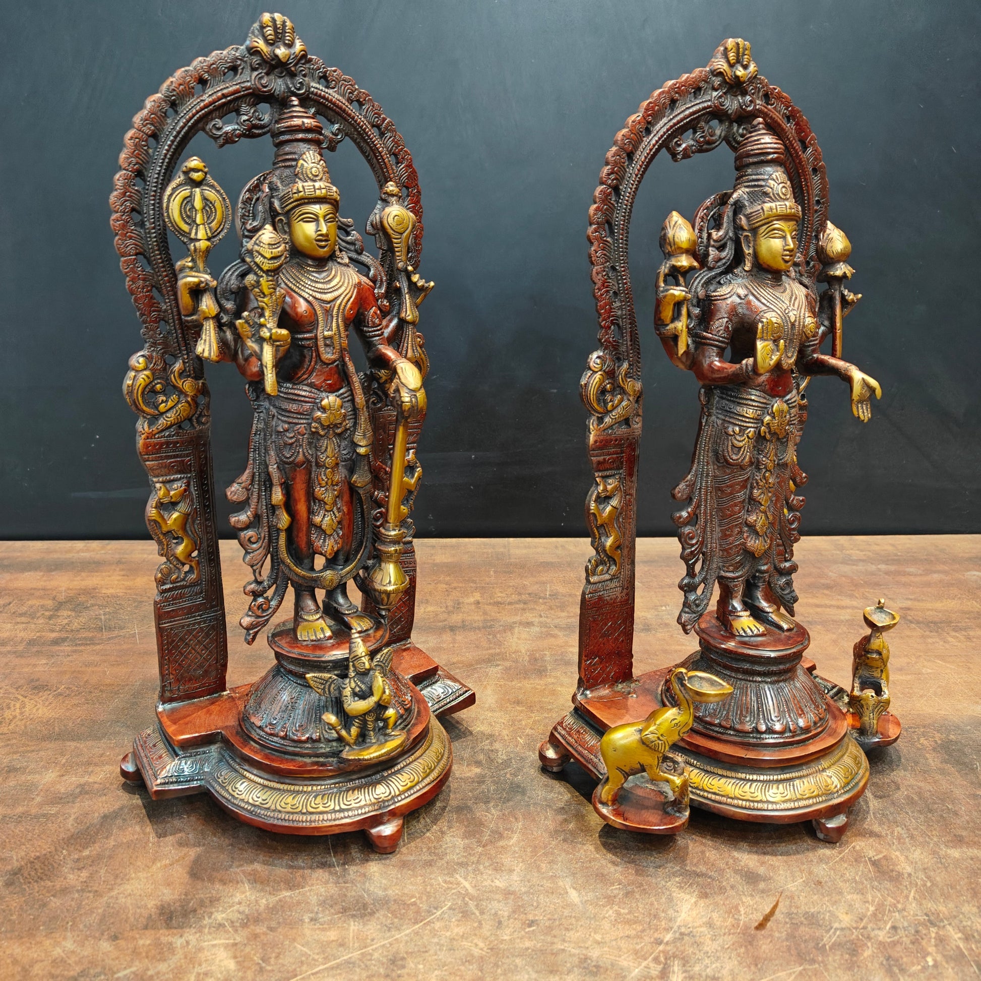 Brass Vishnu Lakshmi Idol With Prabhavali Orange Patina Finish 16 Inch - Image 5