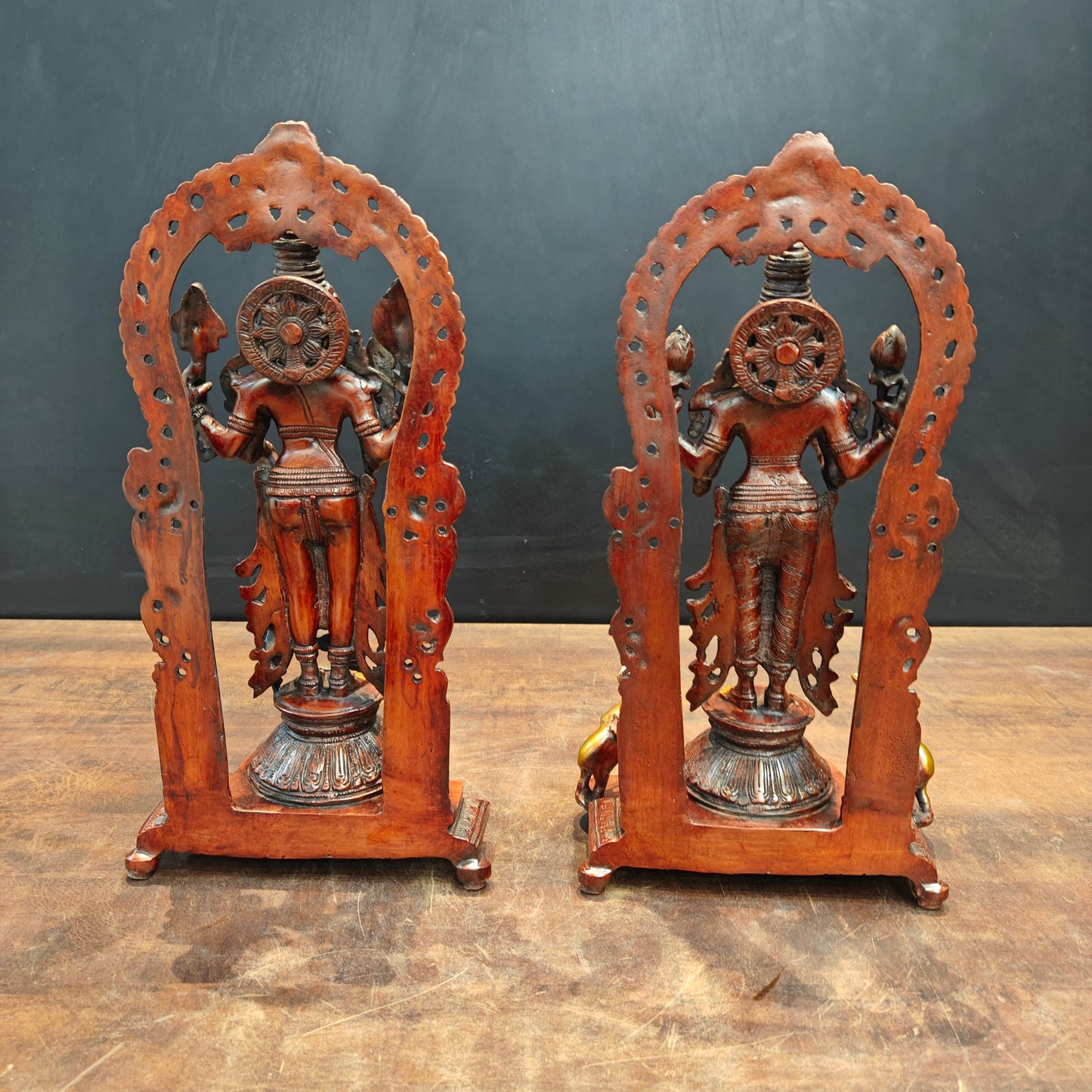 Brass Vishnu Lakshmi Idol With Prabhavali Orange Patina Finish 16 Inch