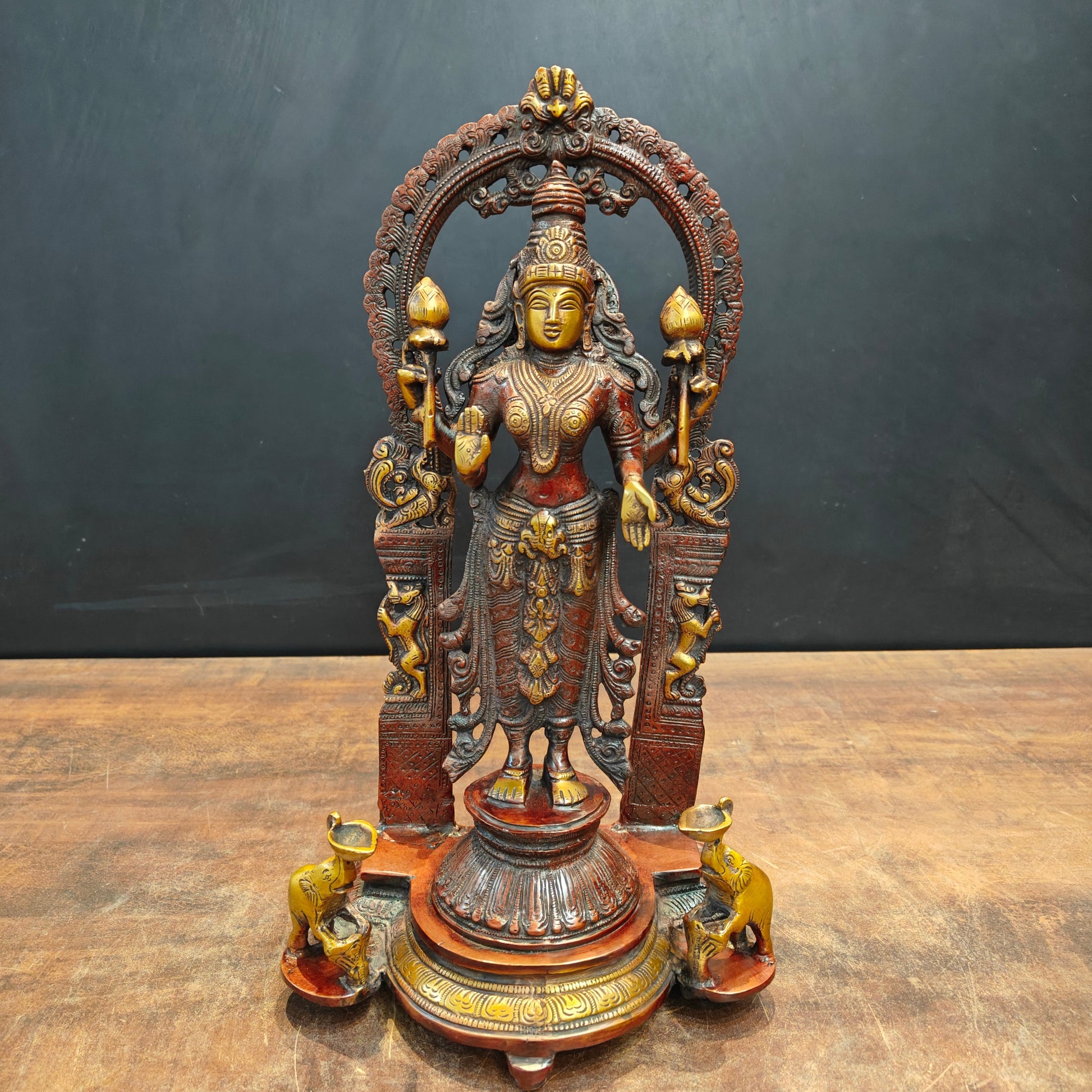 Brass Standing Goddess Lakshmi Idol With Elephant Diyas 16 Inch - Image 3