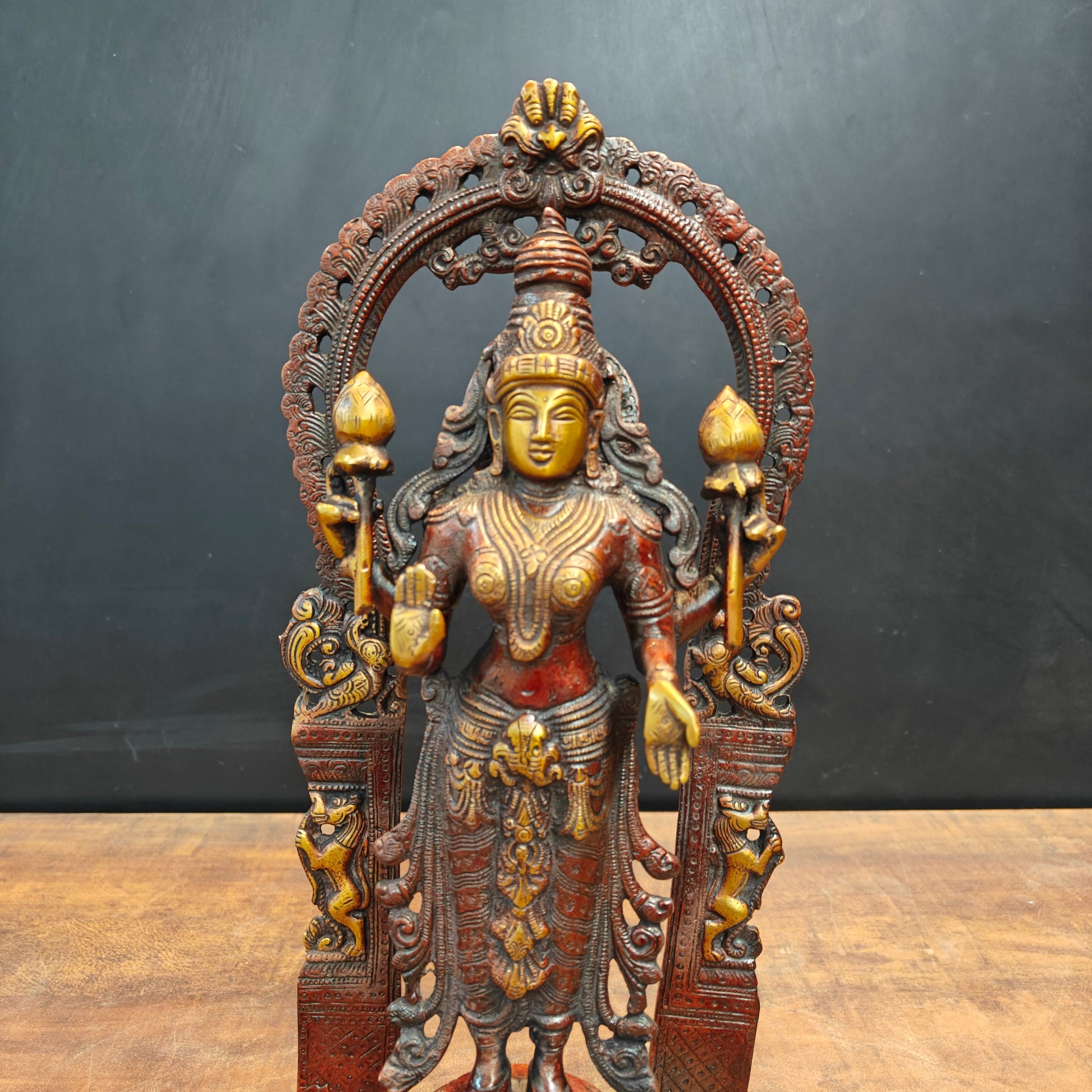 Brass Standing Goddess Lakshmi Idol With Elephant Diyas 16 Inch - Image 2