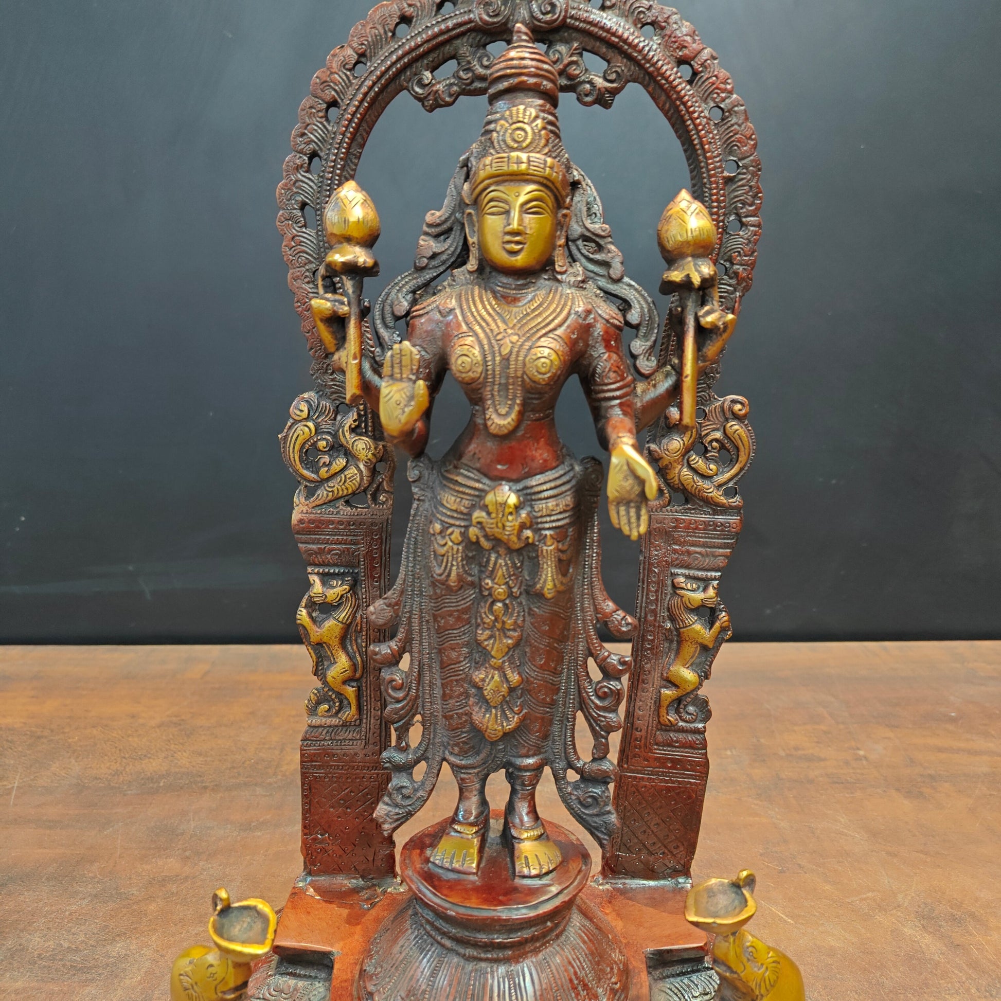 Brass Standing Goddess Lakshmi Idol With Elephant Diyas 16 Inch - Image 4