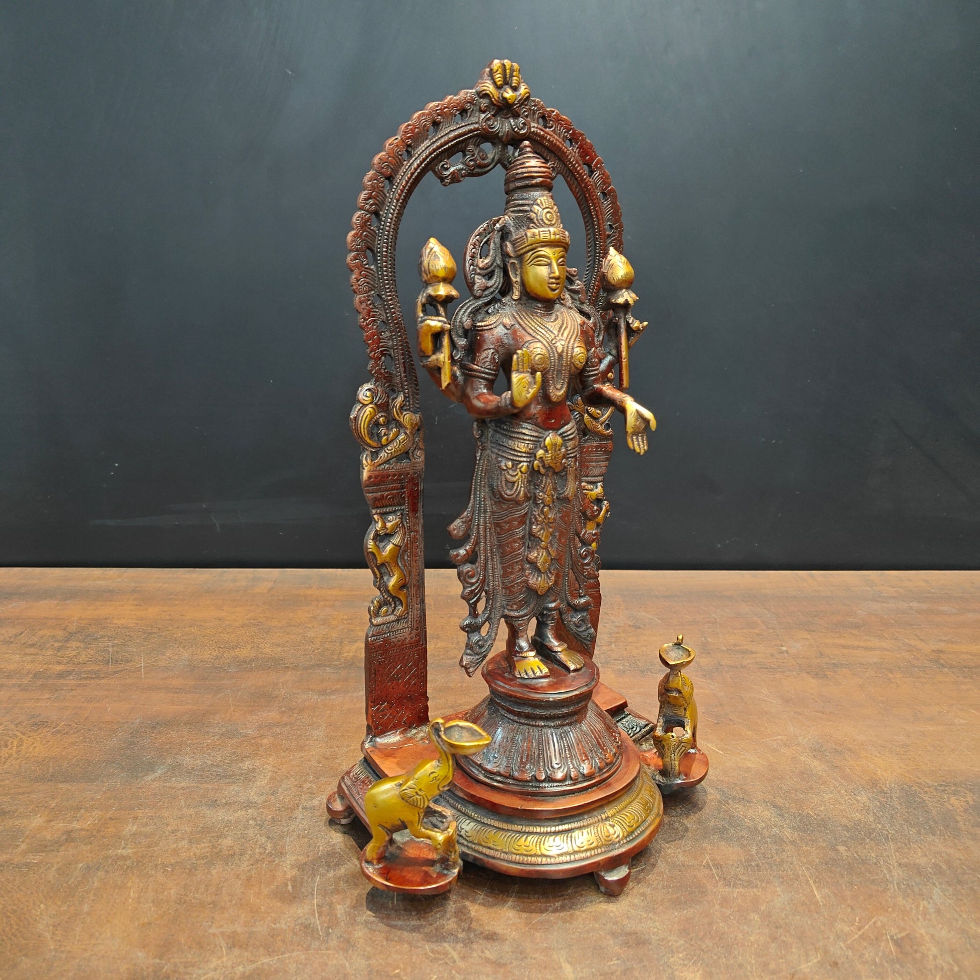 Brass Standing Goddess Lakshmi Idol With Elephant Diyas 16 Inch - Image 5