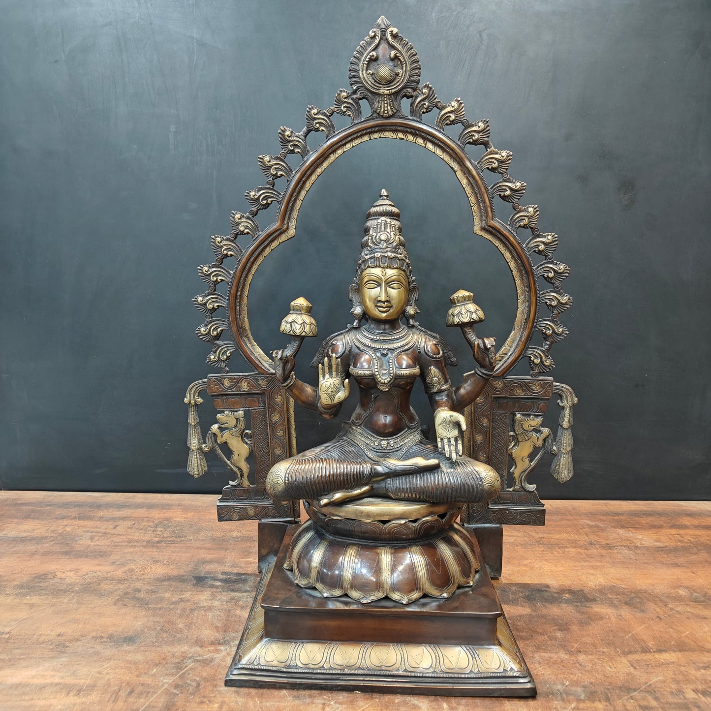 Brass Large Goddess Lakshmi Idol Antique Finish With Frame 32 Inch