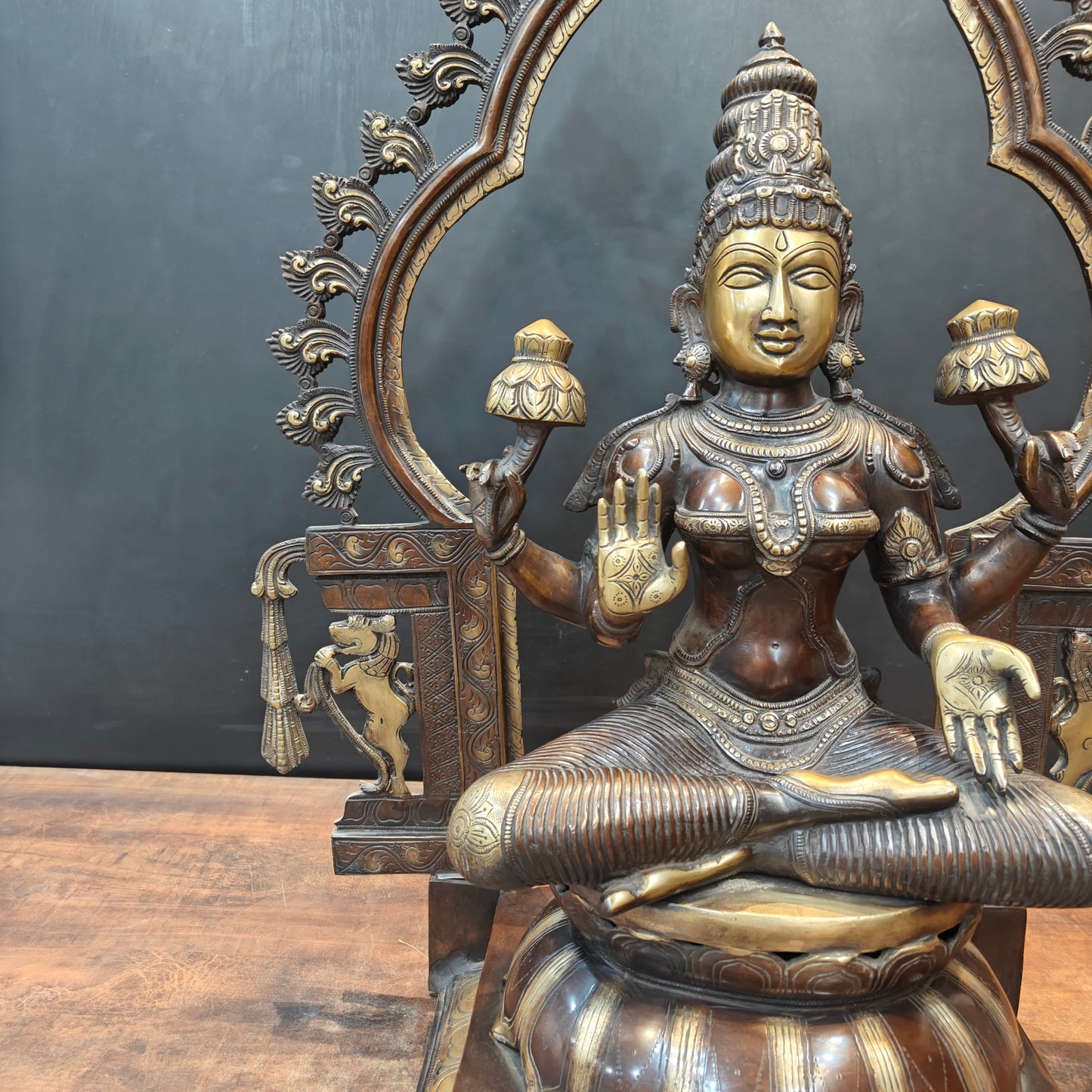 Brass Large Goddess Lakshmi Idol Antique Finish With Frame 32 Inch