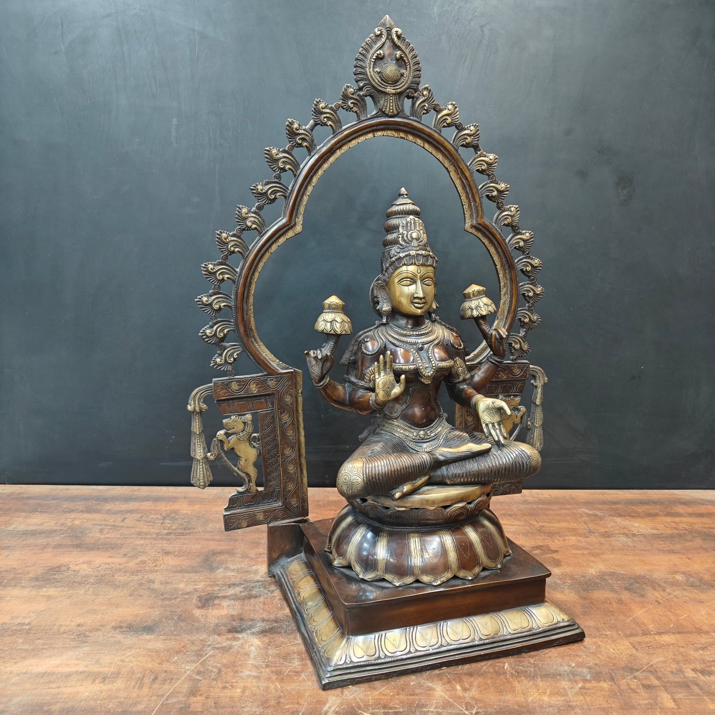 Brass Large Goddess Lakshmi Idol Antique Finish With Frame 32 Inch