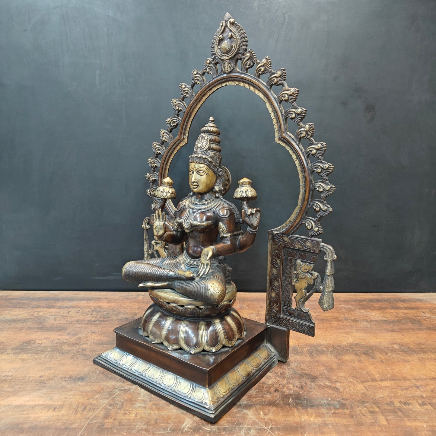 Brass Large Goddess Lakshmi Idol Antique Finish With Frame 32 Inch