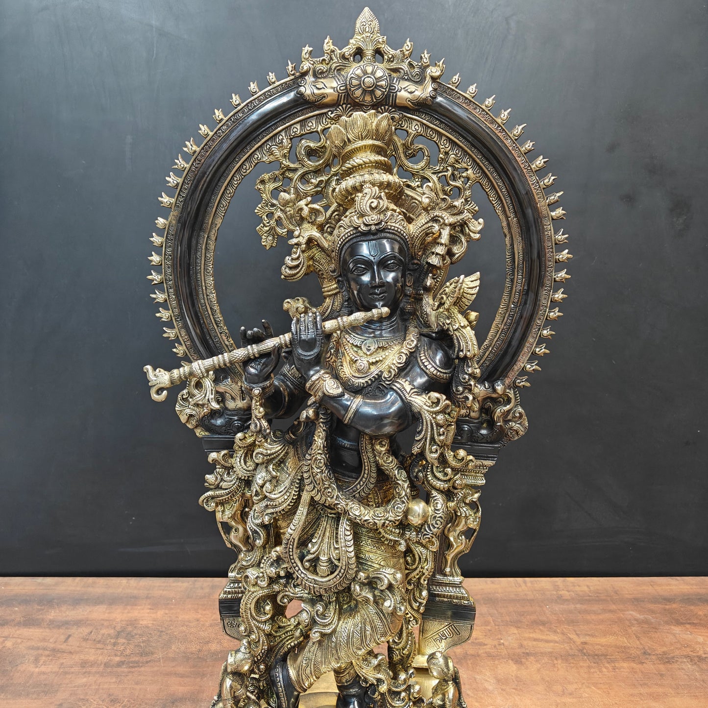 Brass Krishna Idol With Prabhavali Black Patina Finish 32 Inch