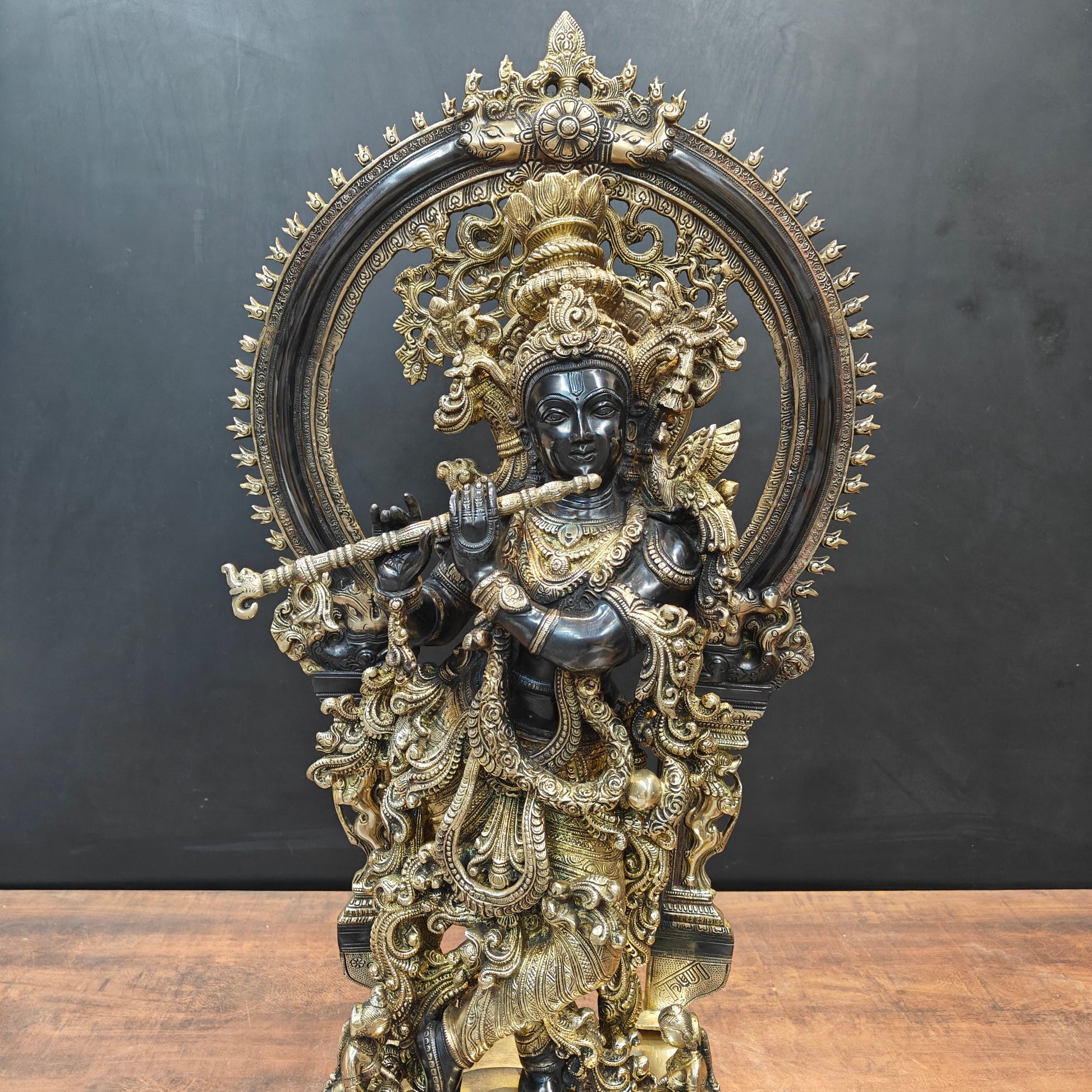 Brass Krishna Idol With Prabhavali Black Patina Finish 32 Inch - Image 2