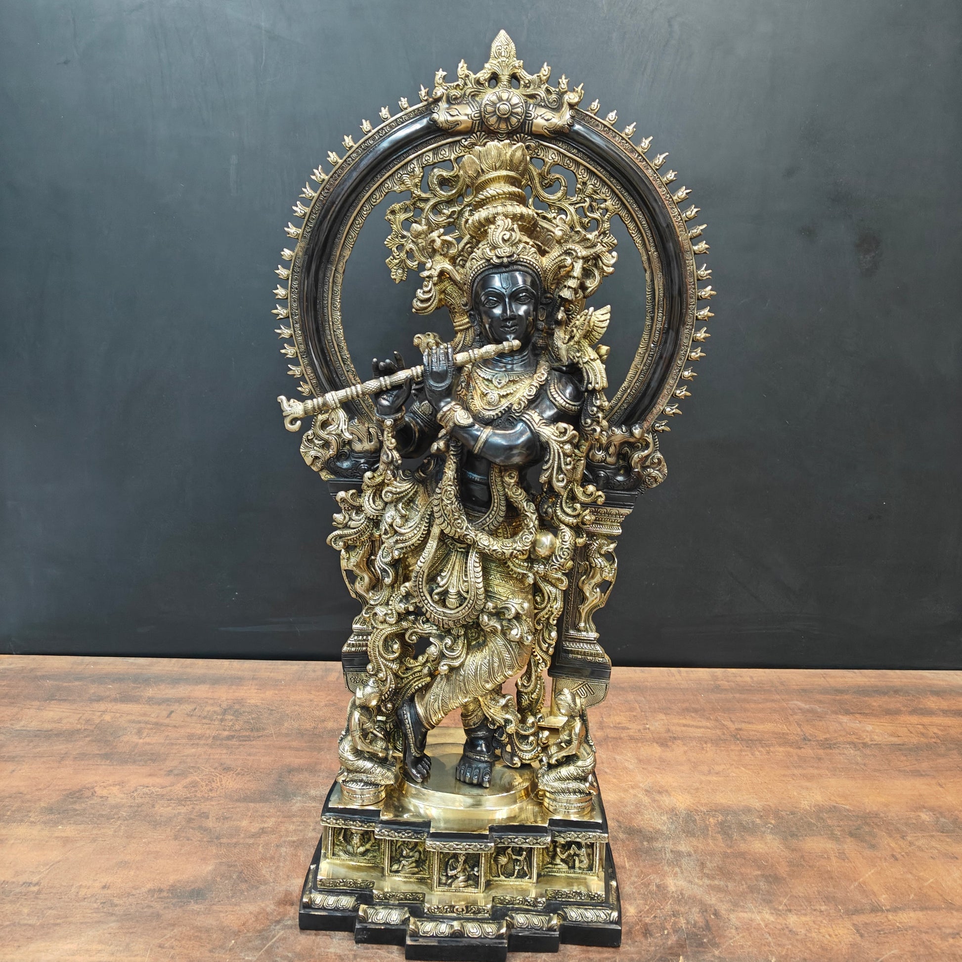 Brass Krishna Idol With Prabhavali Black Patina Finish 32 Inch - Image 3