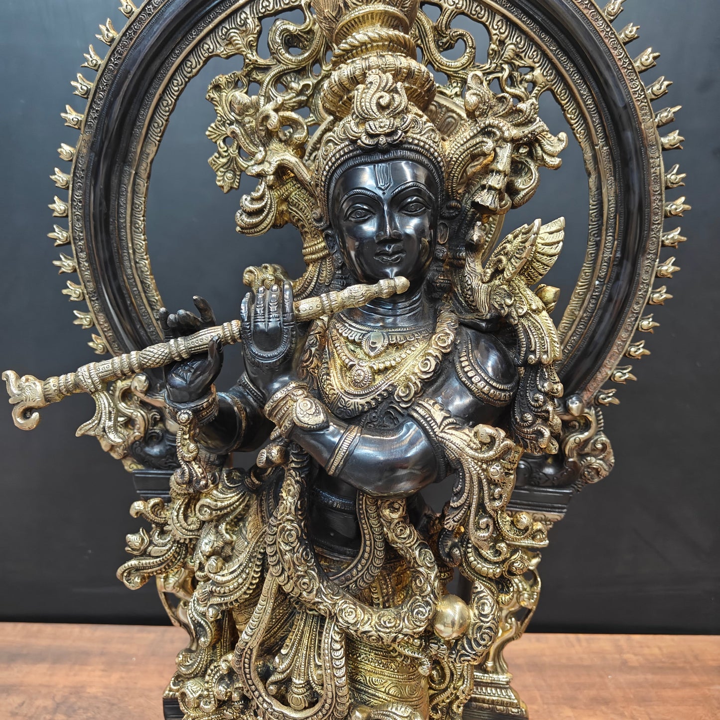 Brass Krishna Idol With Prabhavali Black Patina Finish 32 Inch