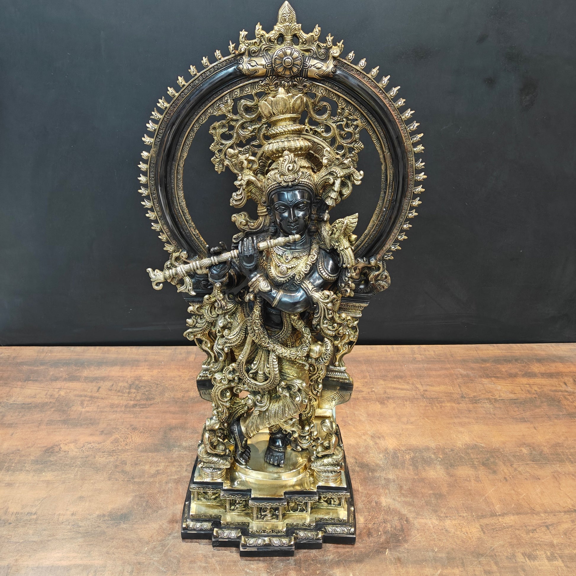 Brass Krishna Idol With Prabhavali Black Patina Finish 32 Inch - Image 5