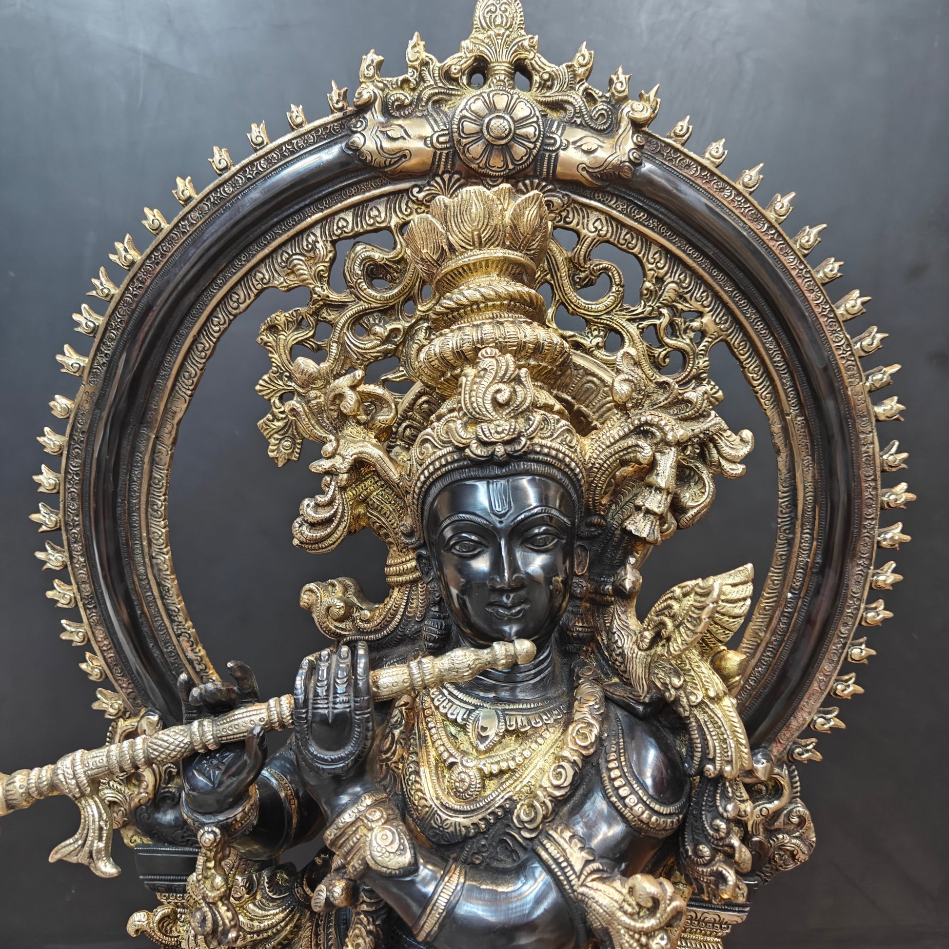 Brass Krishna Idol With Prabhavali Black Patina Finish 32 Inch - Image 6