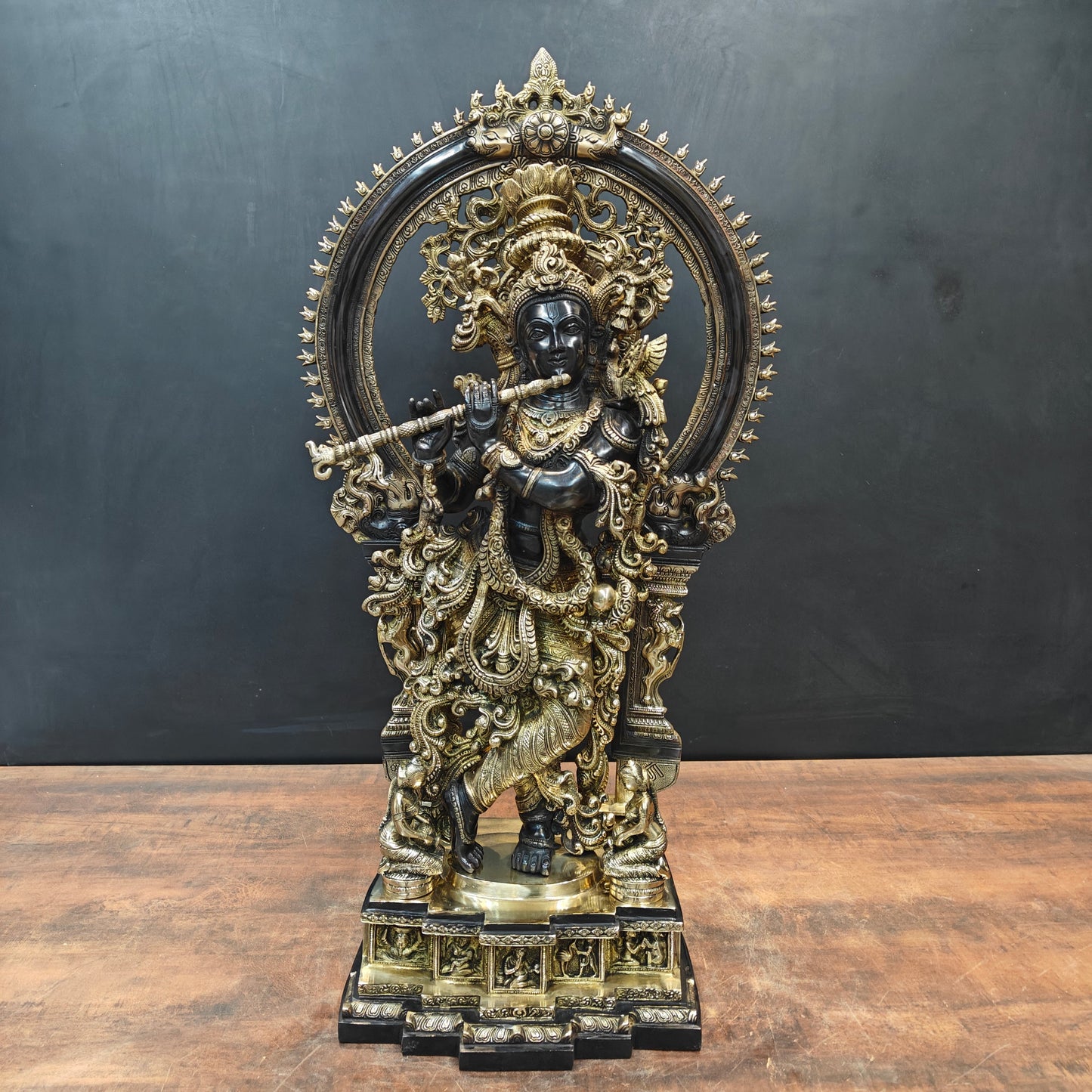 Brass Krishna Idol With Prabhavali Black Patina Finish 32 Inch