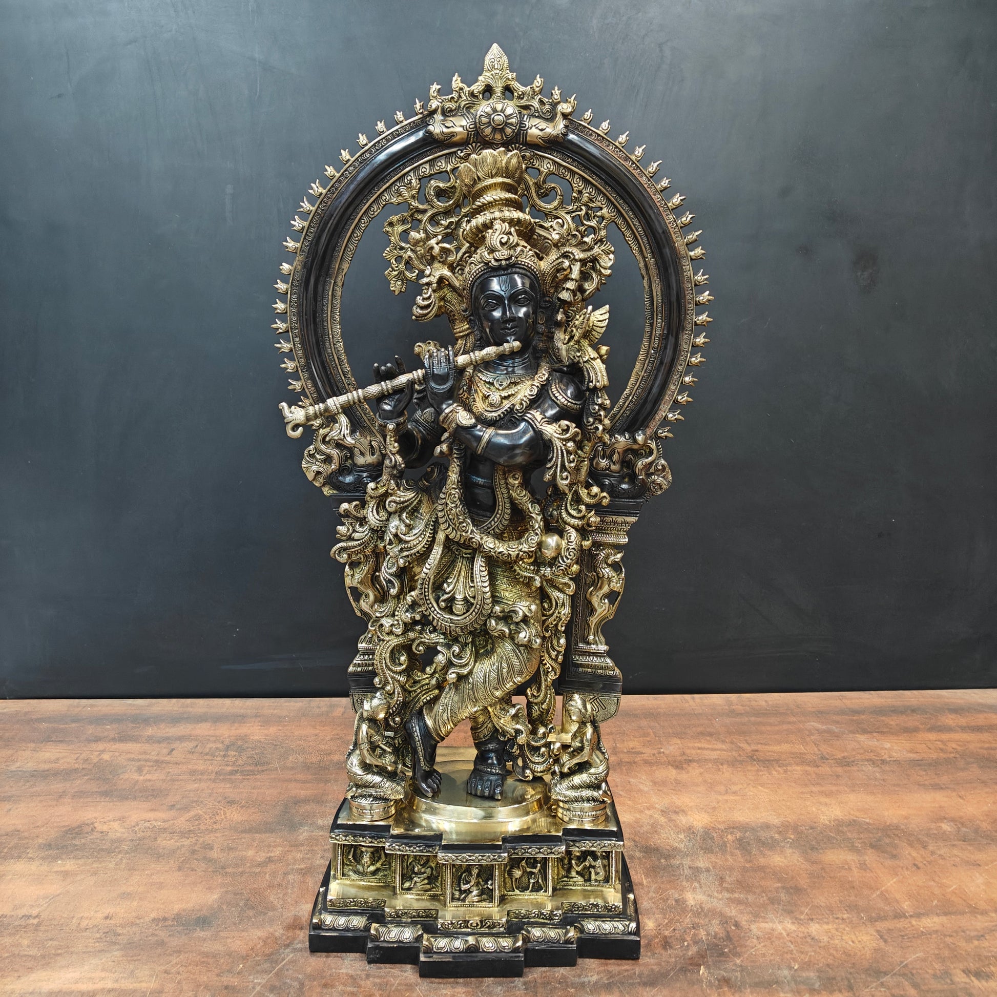 Brass Krishna Idol With Prabhavali Black Patina Finish 32 Inch - Image 7
